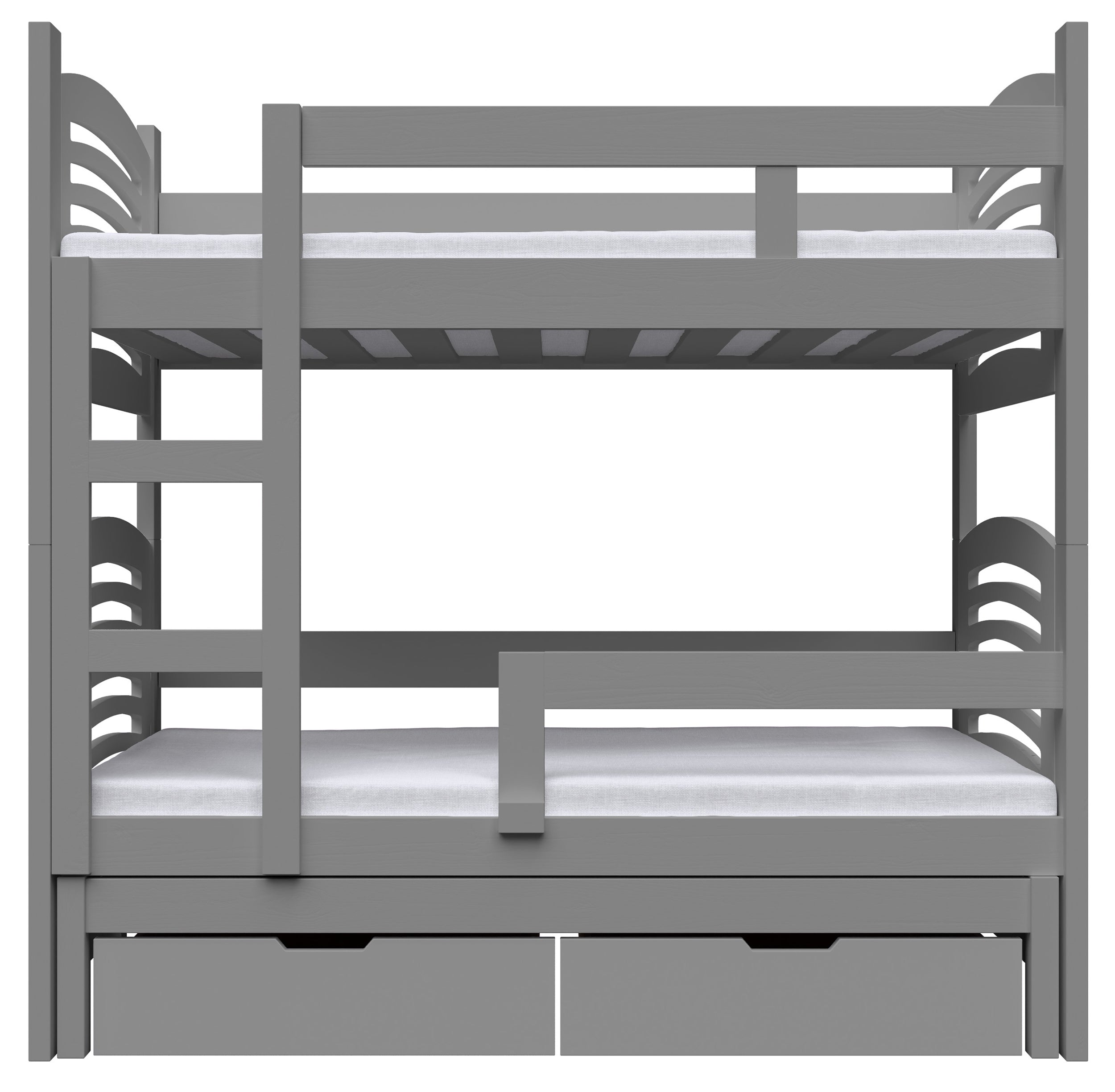 Etagenbett 75x180 cm Cami für drei Personen mit Matratzen und Schubladen, grau