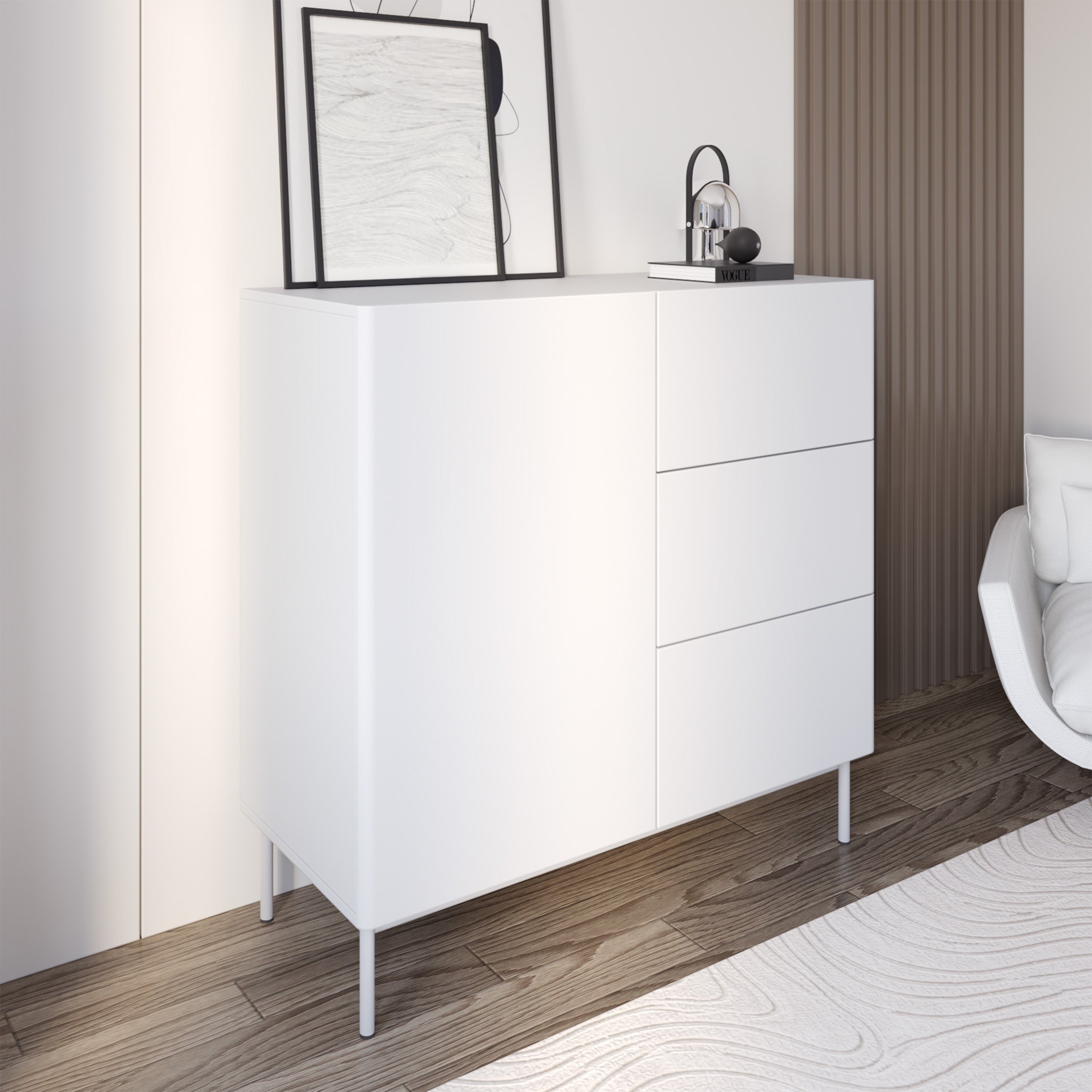 Einzeltür-Kommode Olio mit drei Schubladen, 100 cm, weiß