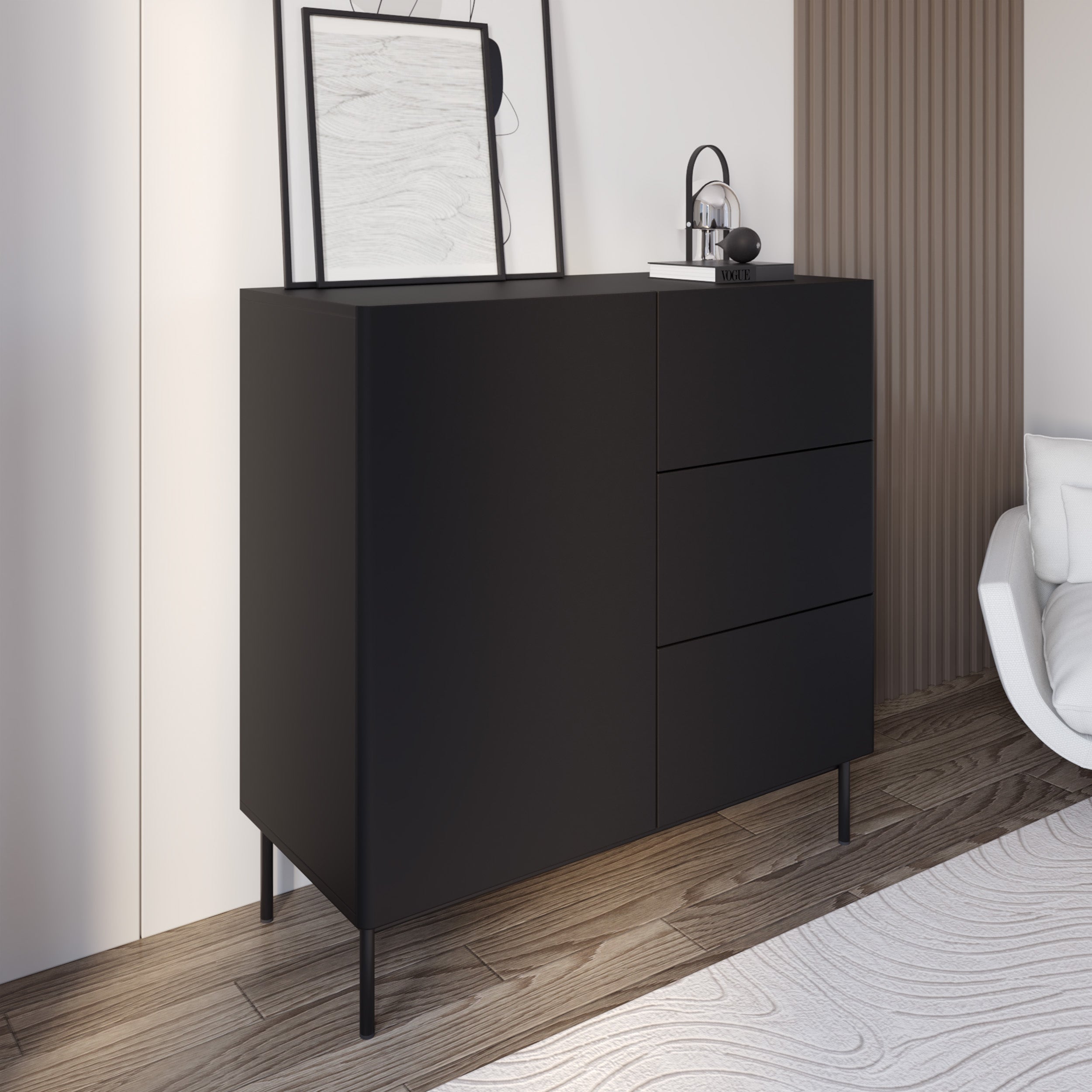Einflügler Kommode Olio mit drei Schubladen, 100 cm, schwarz