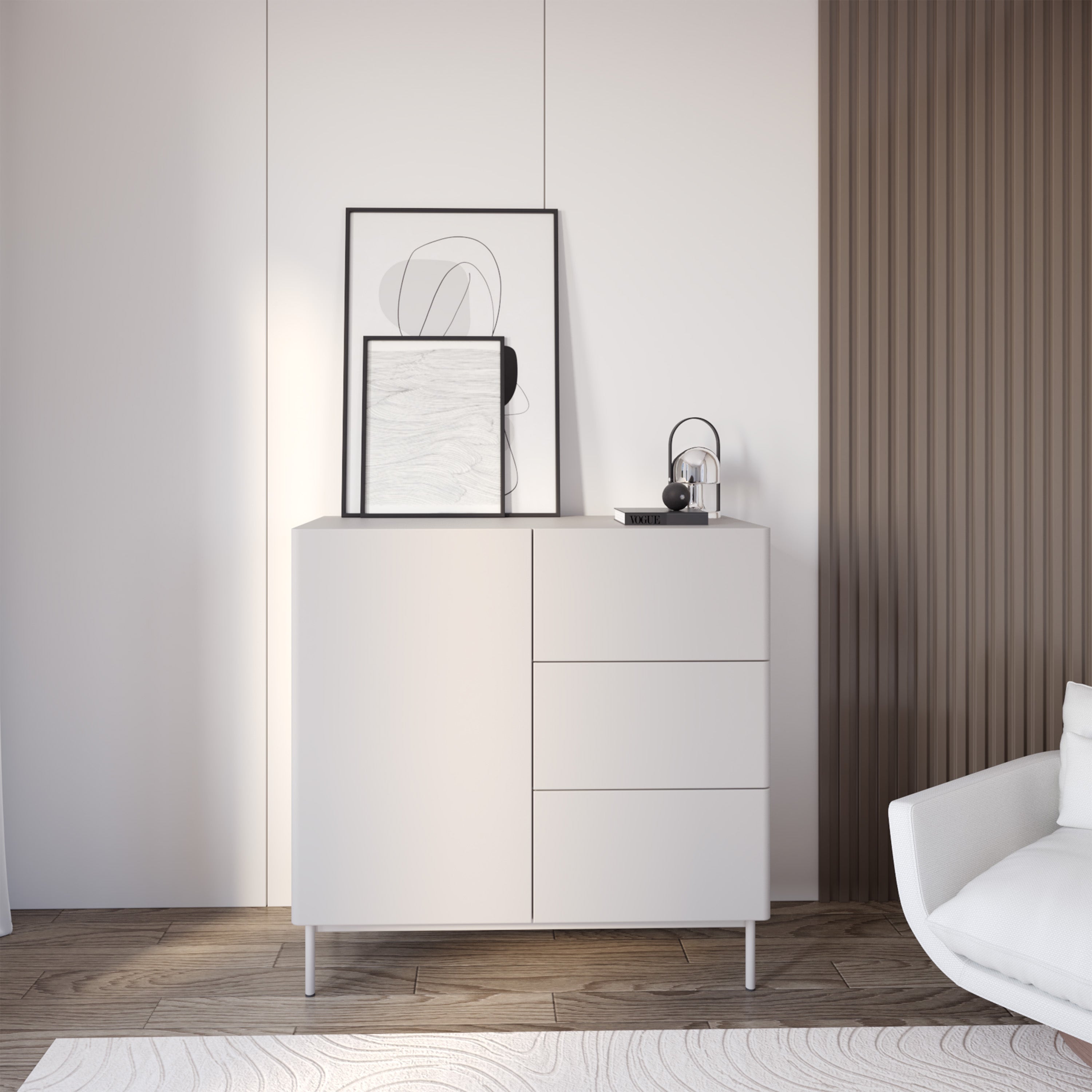 Einflügelige Kommode Olio mit drei Schubladen, 100 cm, Kaschmir