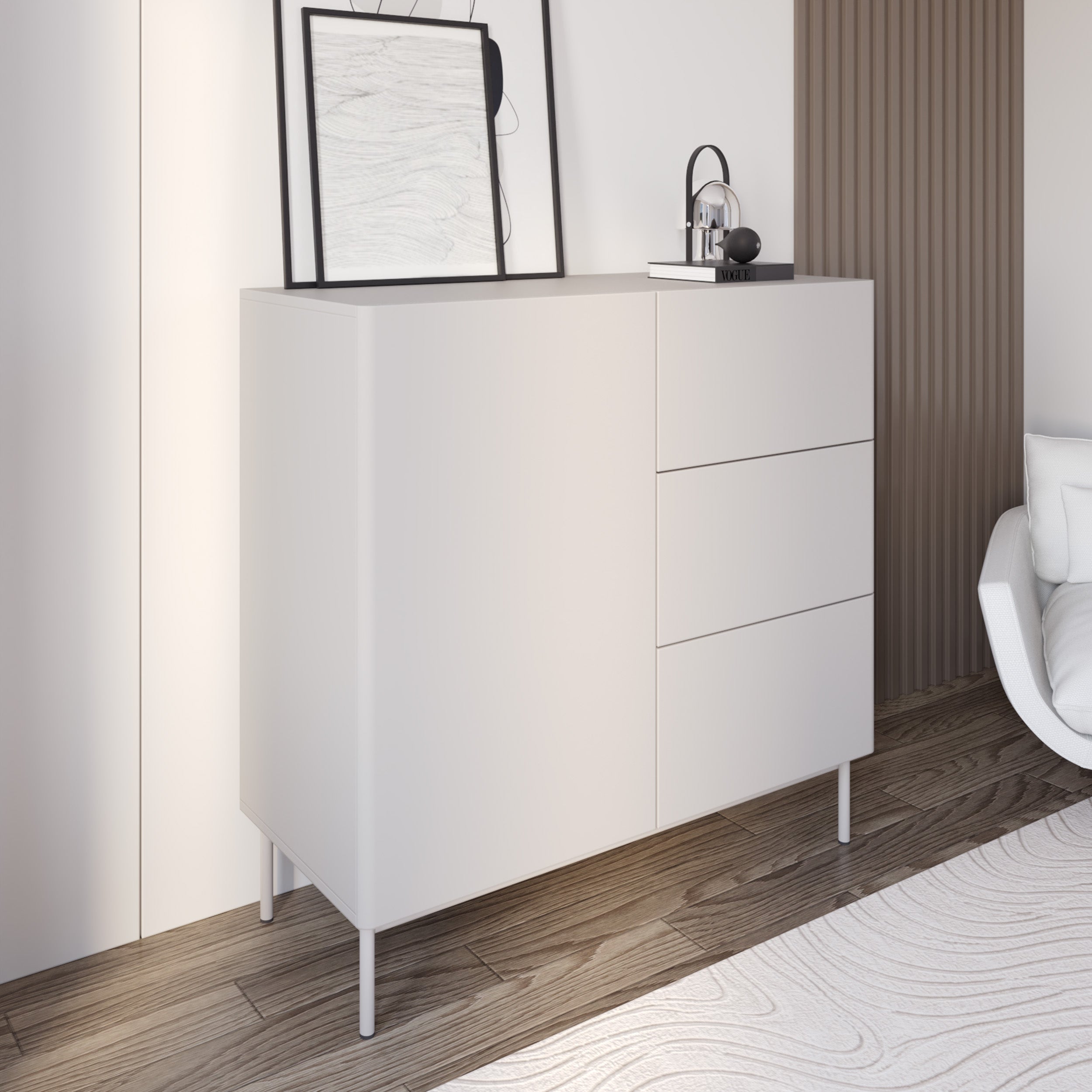 Einflügelige Kommode Olio mit drei Schubladen, 100 cm, Kaschmir