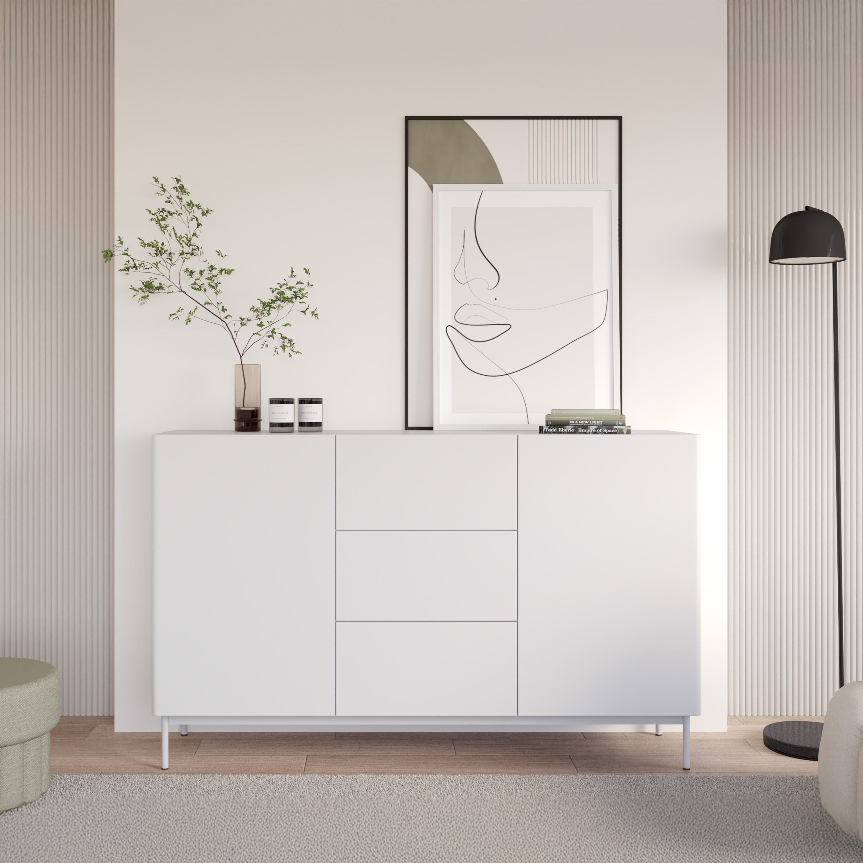 Zweiturige Kommode Olio mit drei Schubladen, 160 cm, weiß