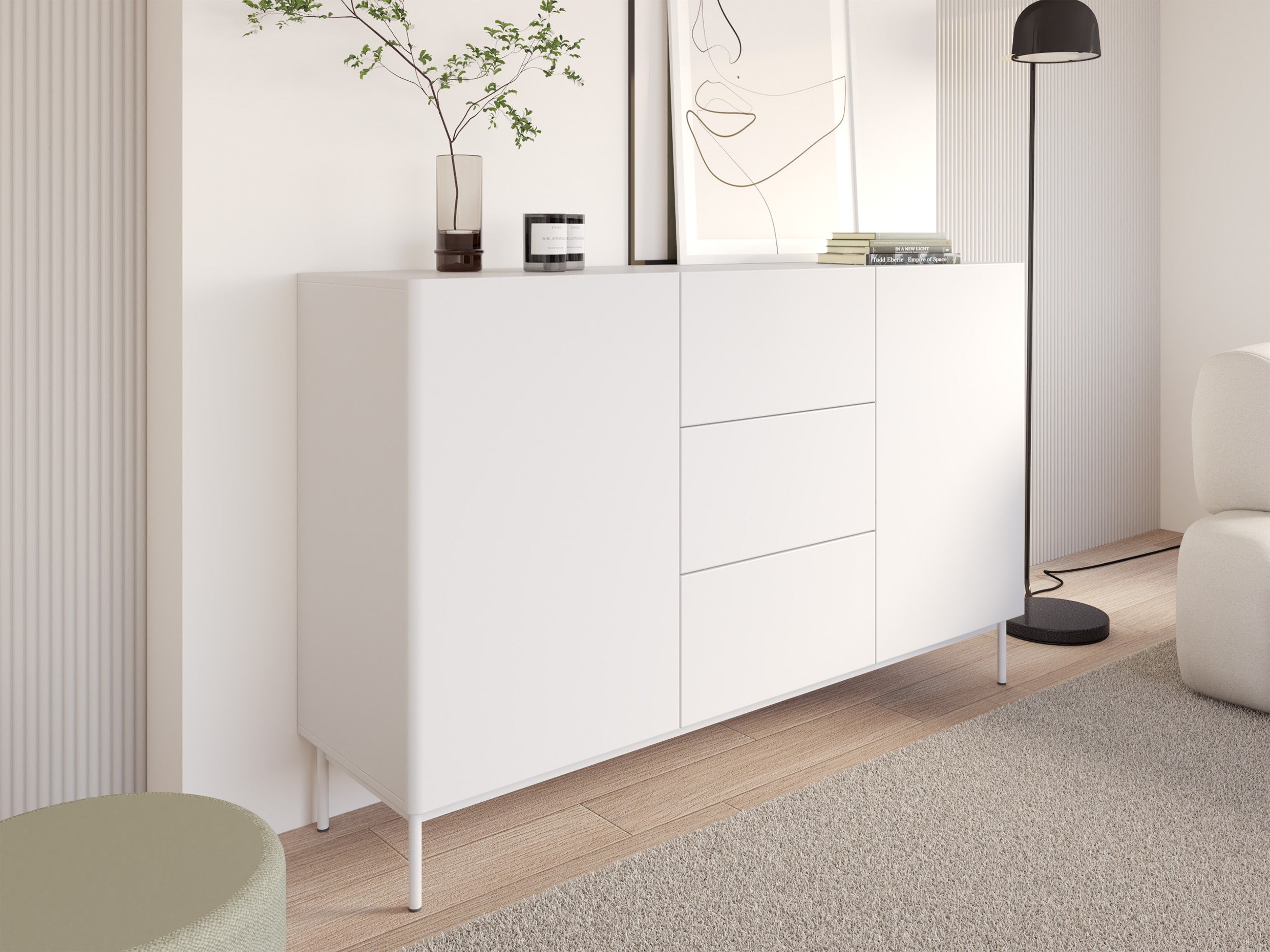 Zweiturige Kommode Olio mit drei Schubladen, 160 cm, weiß