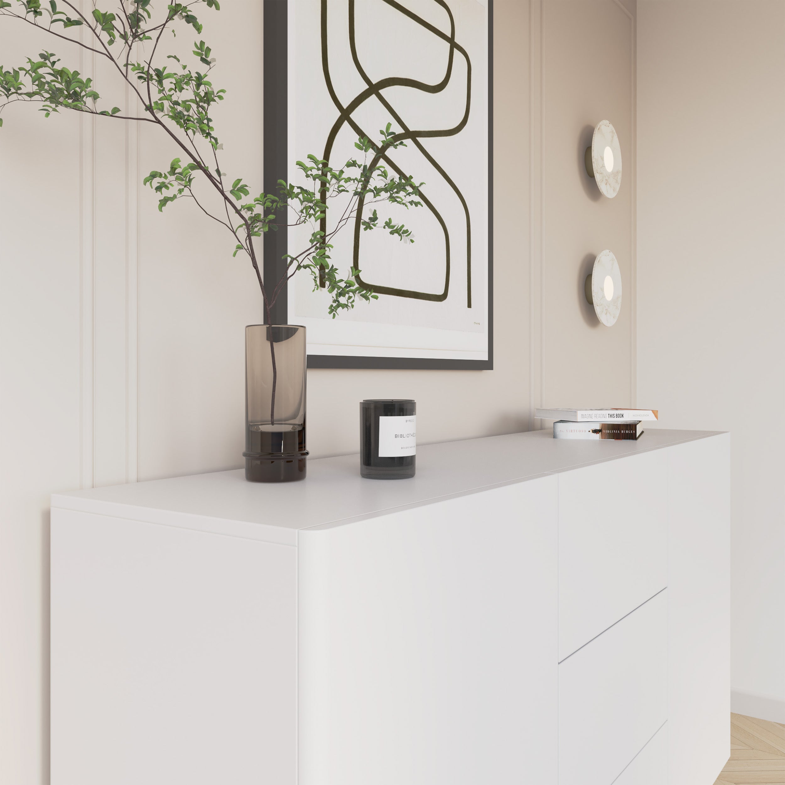 Zweiturige Kommode Olio mit drei Schubladen, 160 cm, weiß