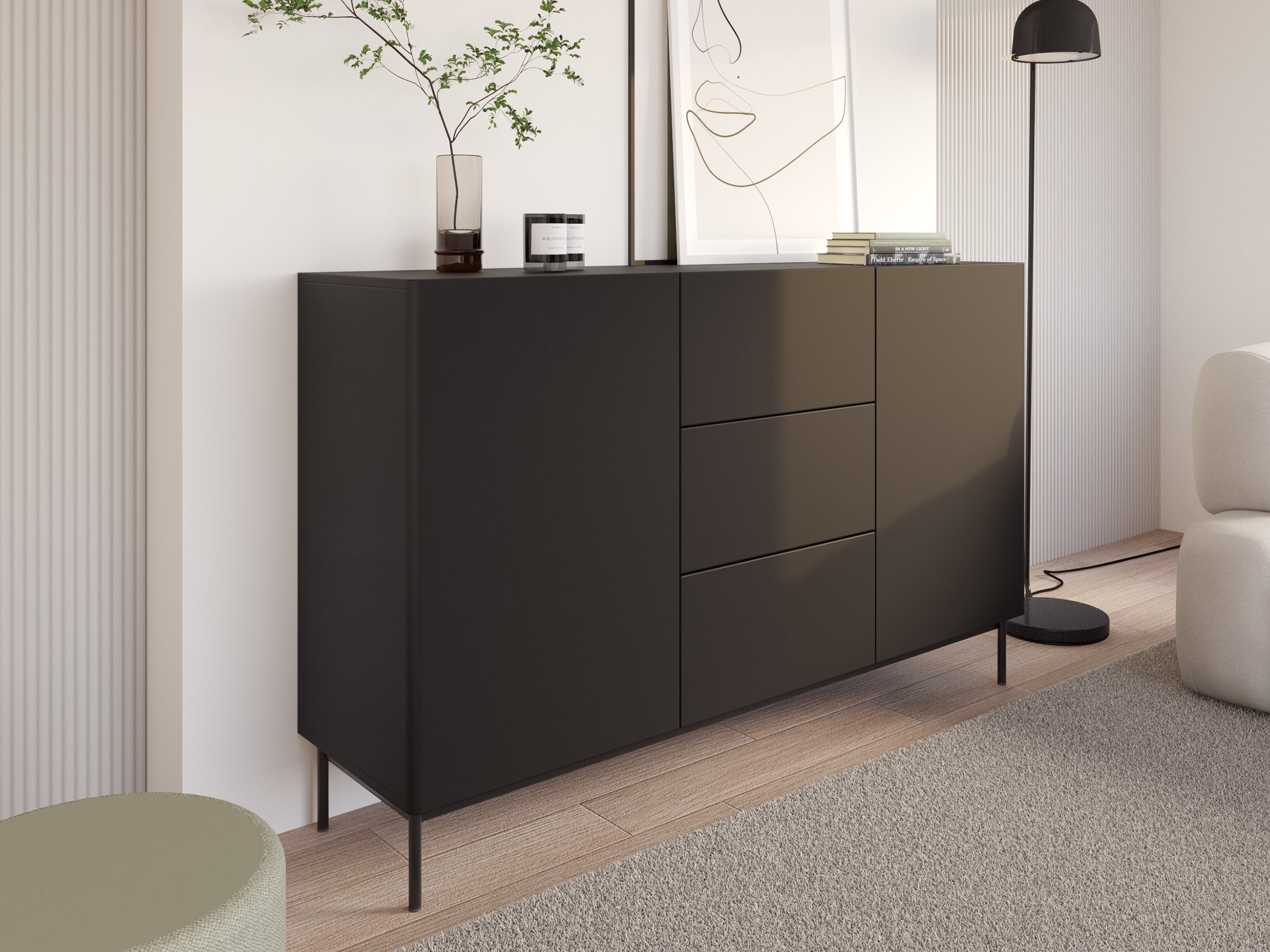 Zweiturige Kommode Olio mit drei Schubladen, 160 cm, schwarz