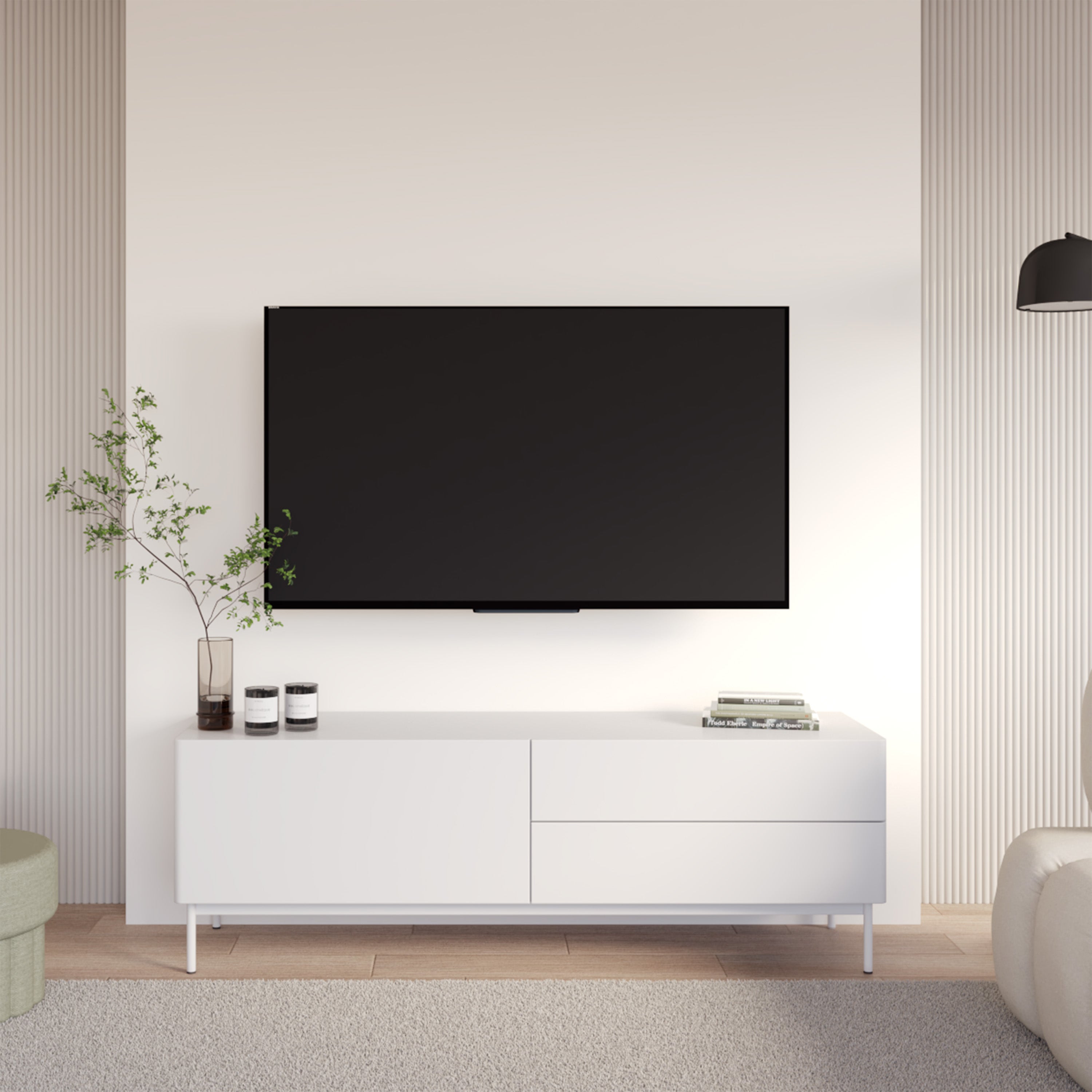 TV-Schrank Olio mit Klappe und zwei Schubladen, 160 cm, weiß