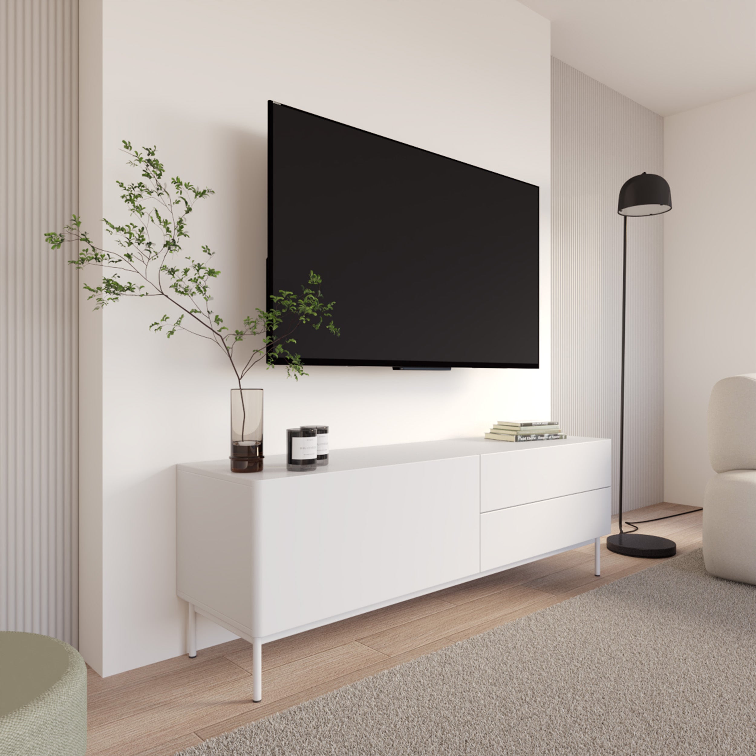 TV-Schrank Olio mit Klappe und zwei Schubladen, 160 cm, weiß