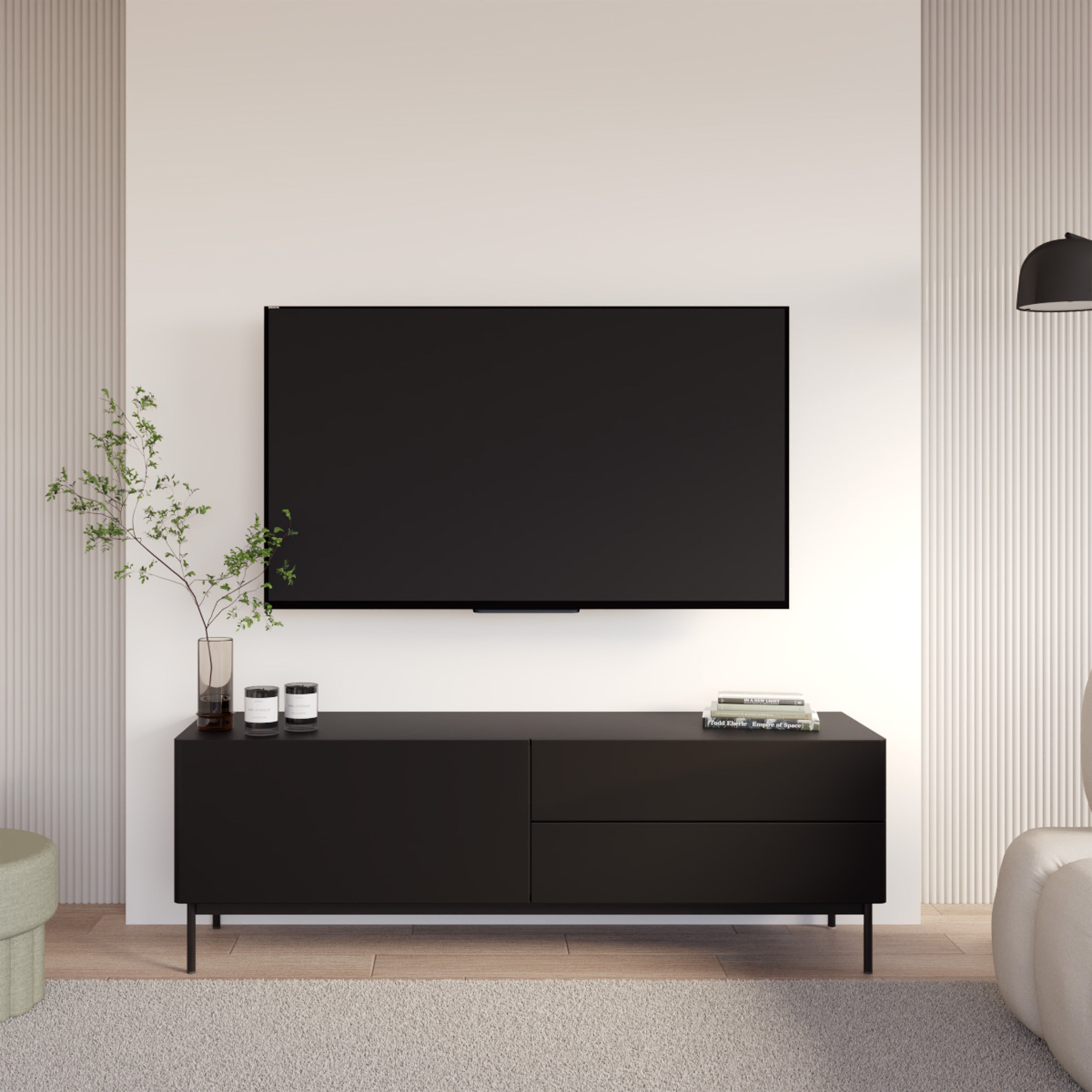TV-Schrank Olio mit Klappe und zwei Schubladen, 160 cm, schwarz