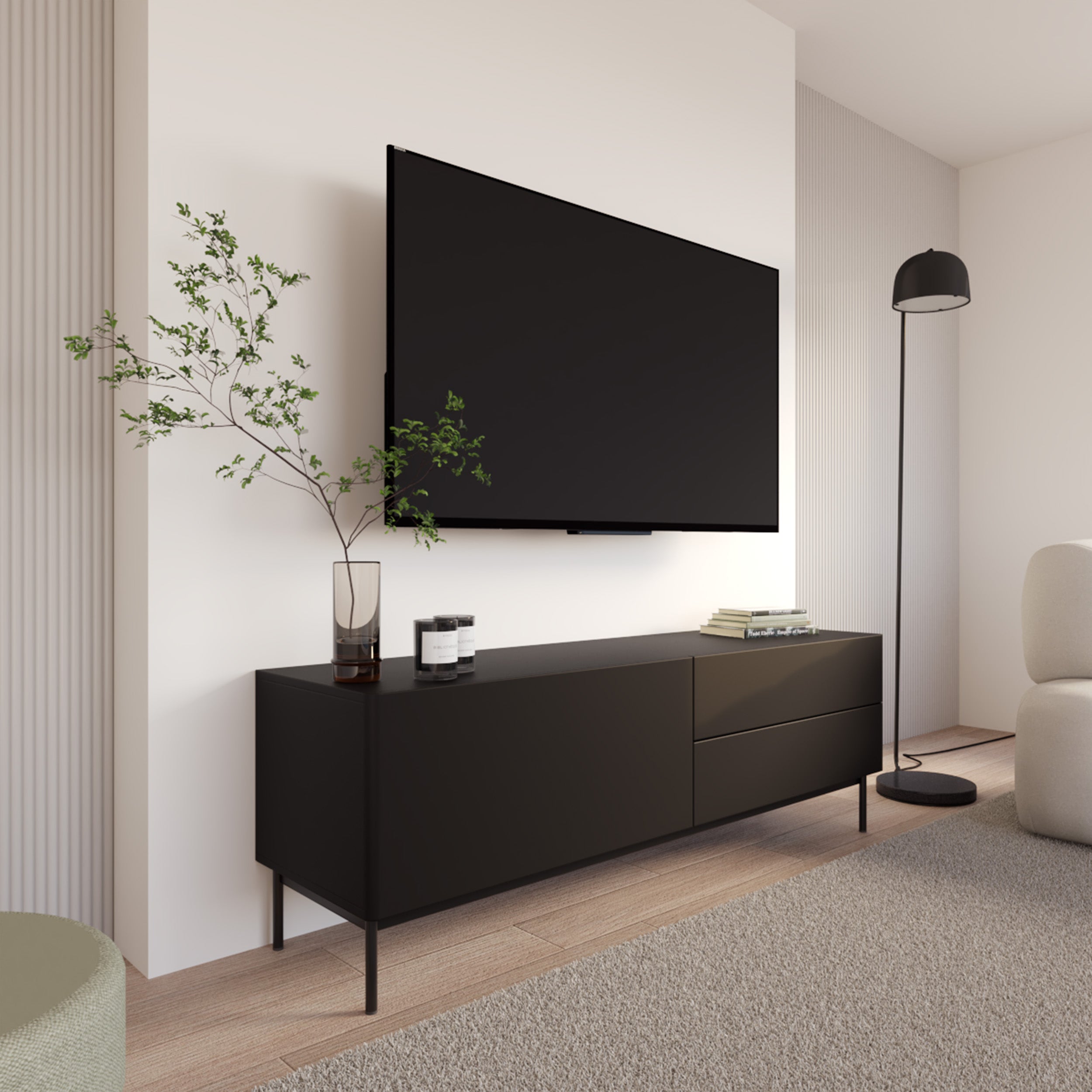 TV-Schrank Olio mit Klappe und zwei Schubladen, 160 cm, schwarz