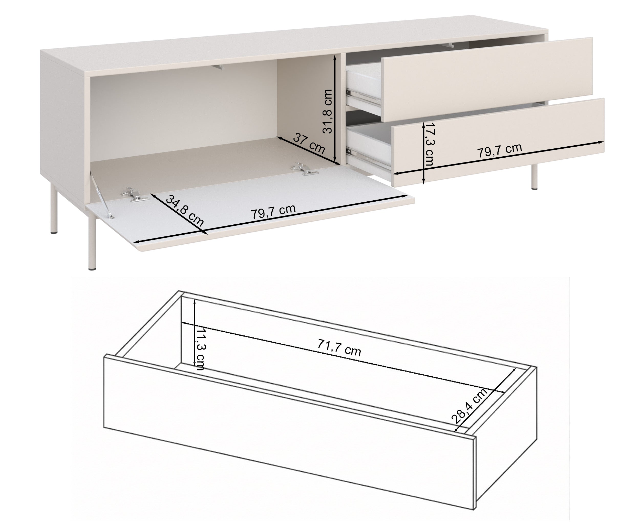 TV-Schrank Olio mit Klappe und zwei Schubladen, 160 cm, Kaschmir