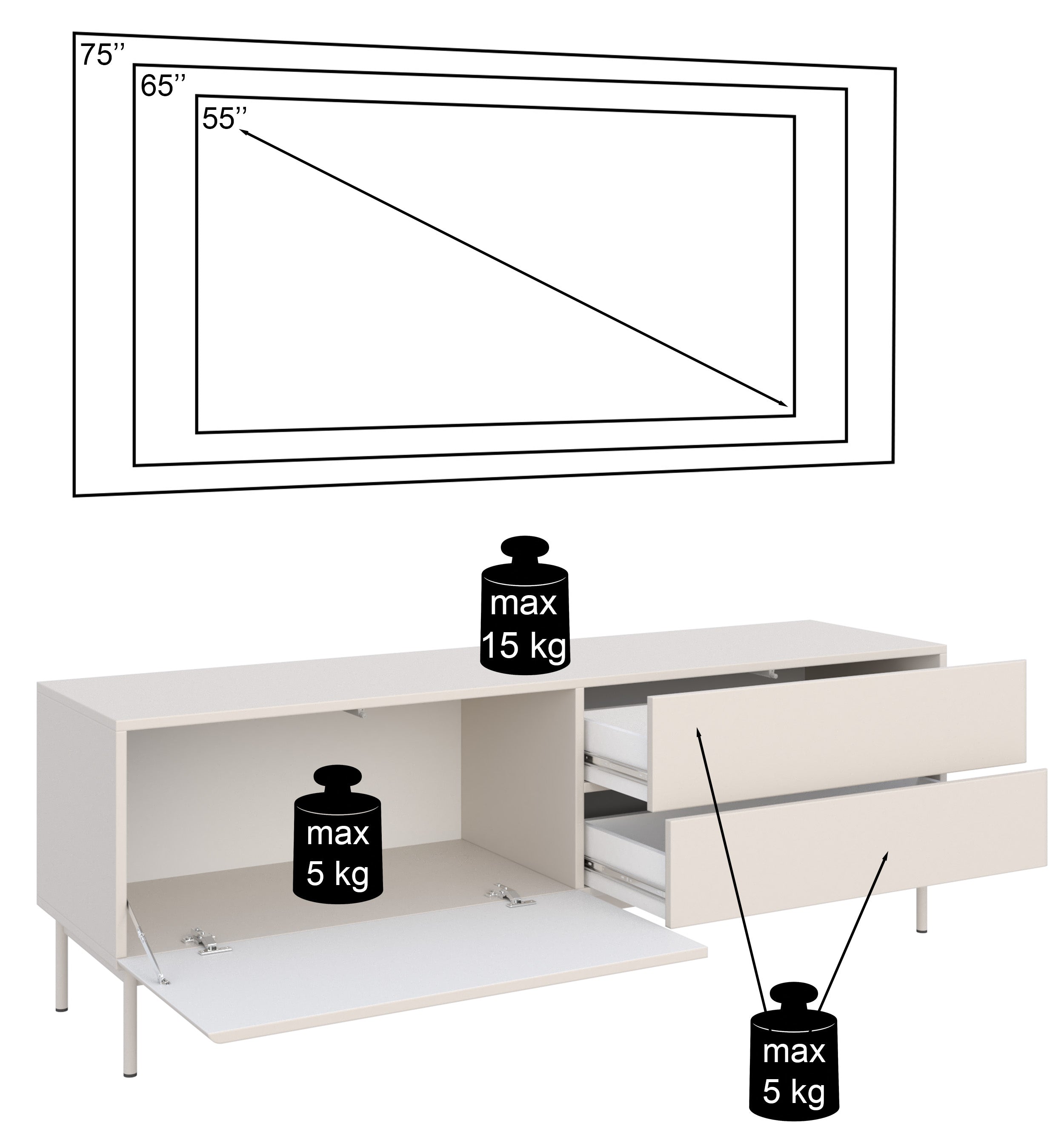 TV-Schrank Olio mit Klappe und zwei Schubladen, 160 cm, Kaschmir