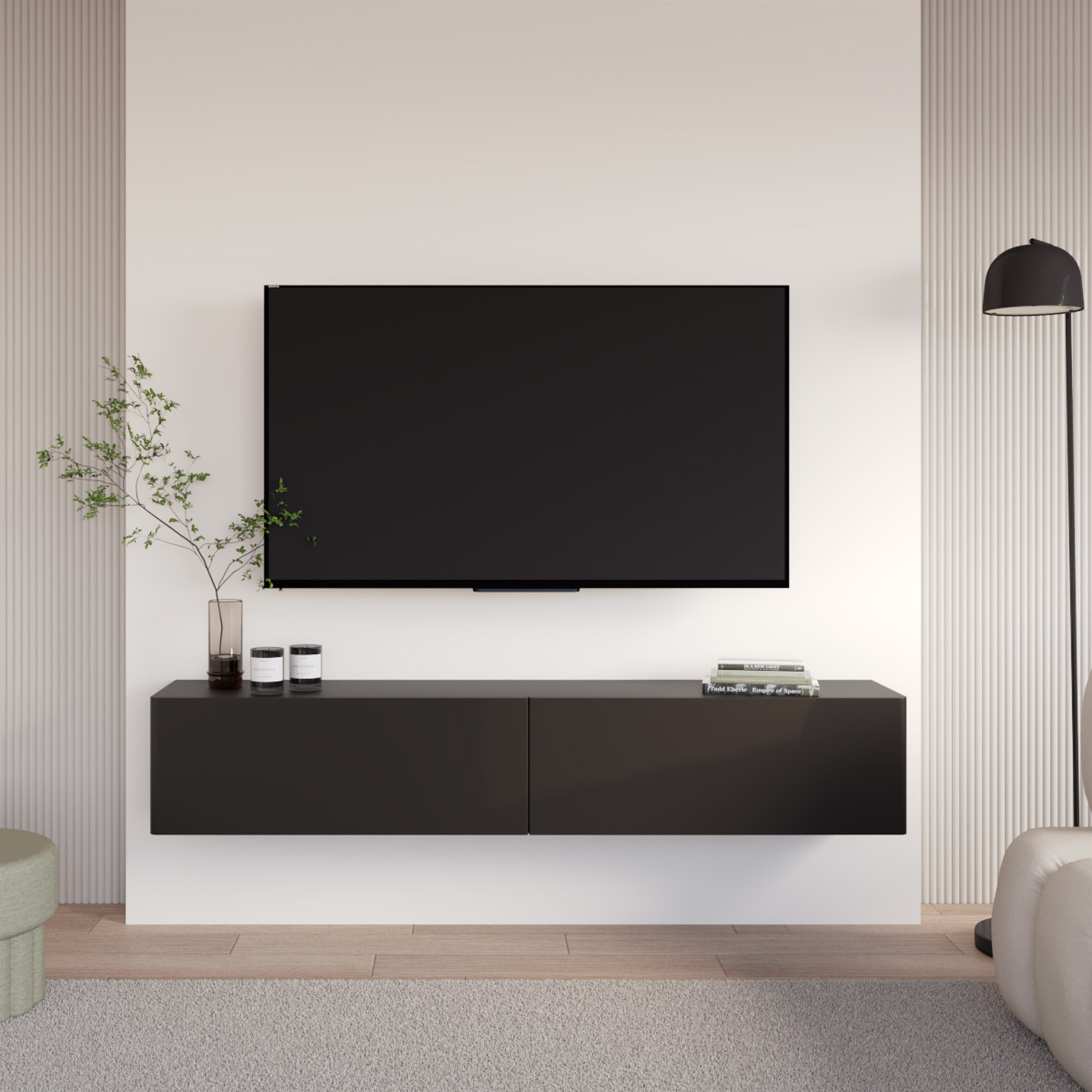 Hängender TV-Schrank Olio mit zwei Klappen, 175 cm, schwarz