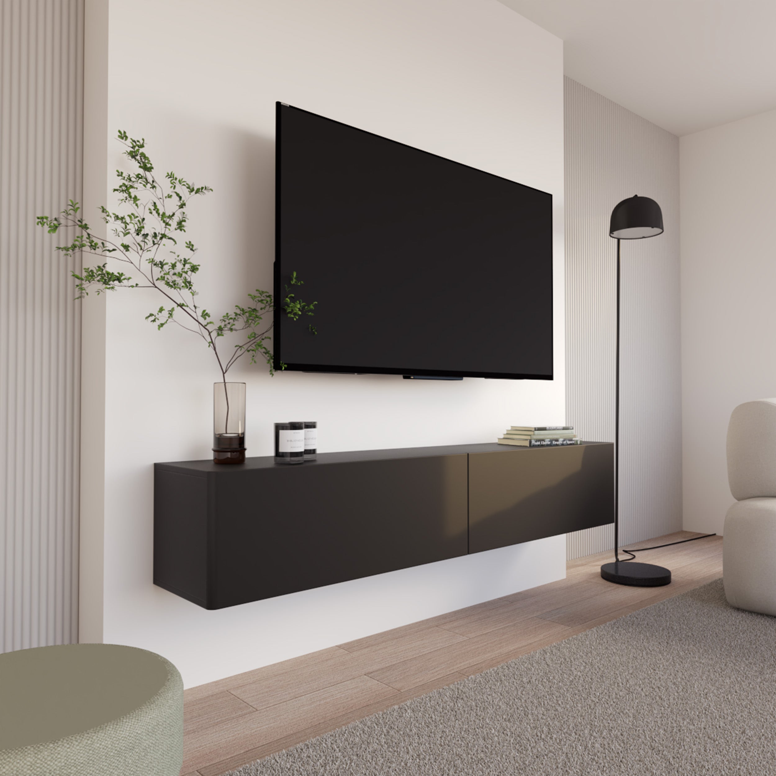 Hängender TV-Schrank Olio mit zwei Klappen, 175 cm, schwarz