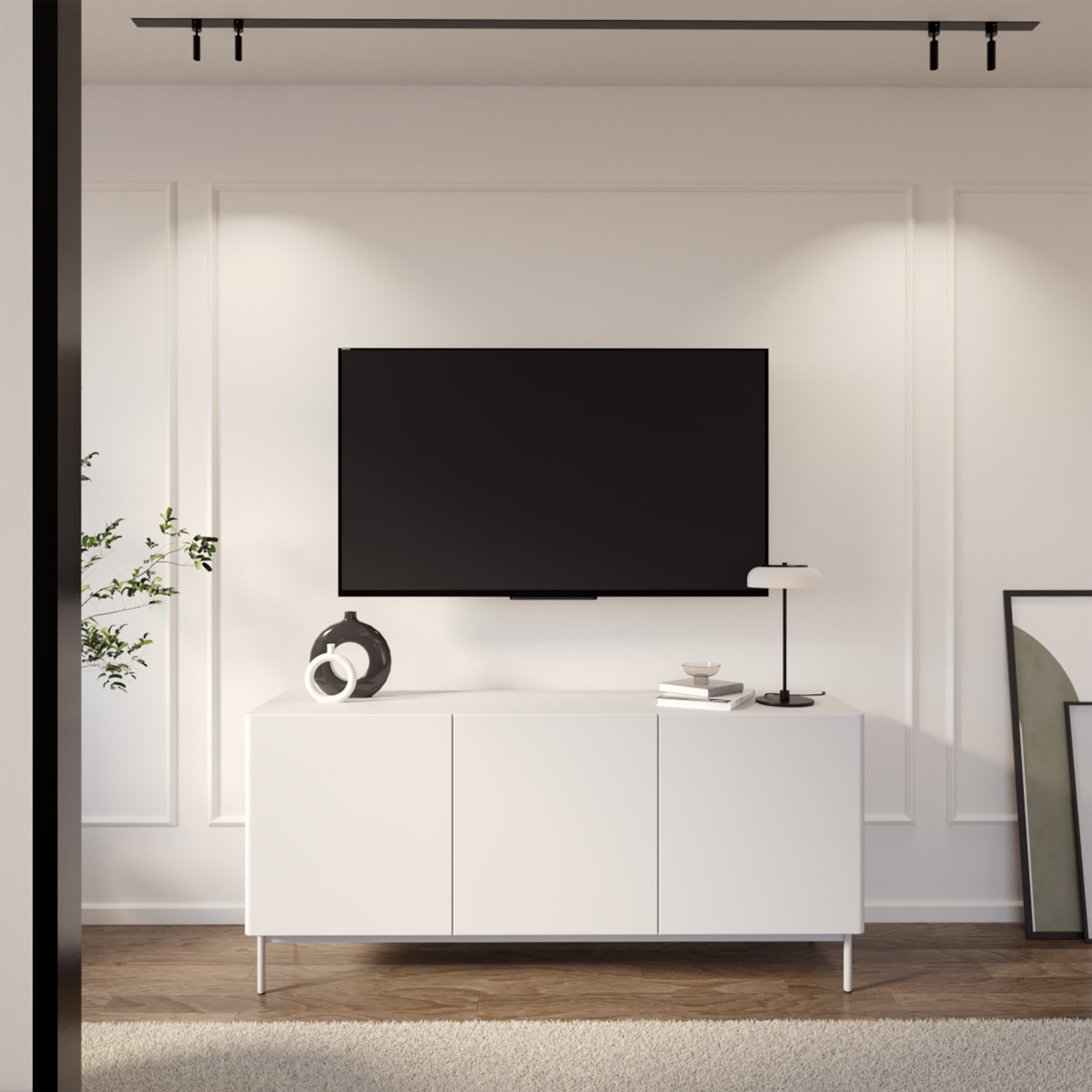Hoher dreitüriger Olio TV-Schrank, 160 cm, weiß