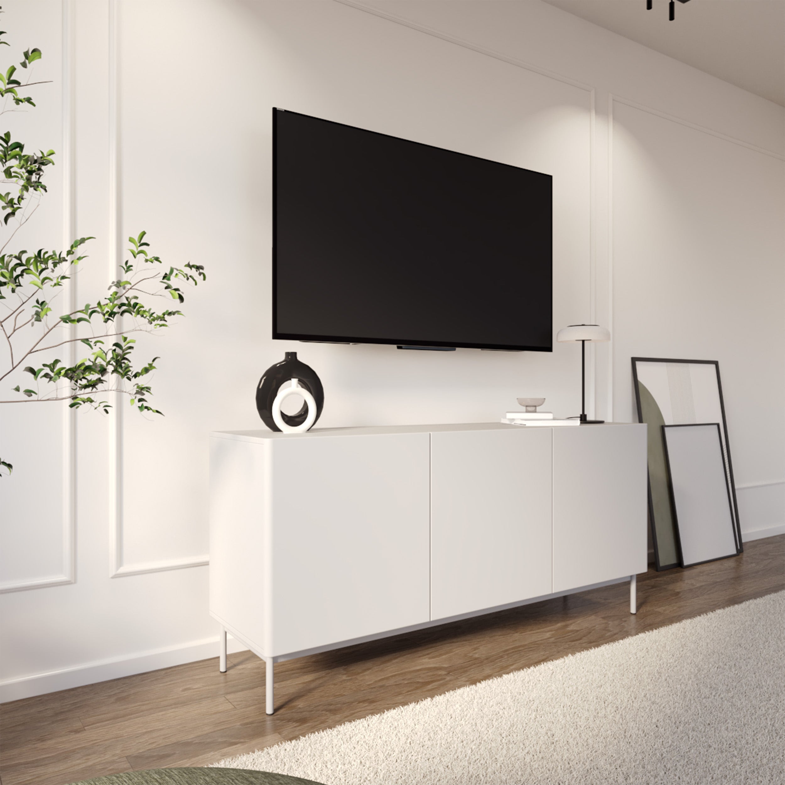 Hoher dreitüriger Olio TV-Schrank, 160 cm, weiß
