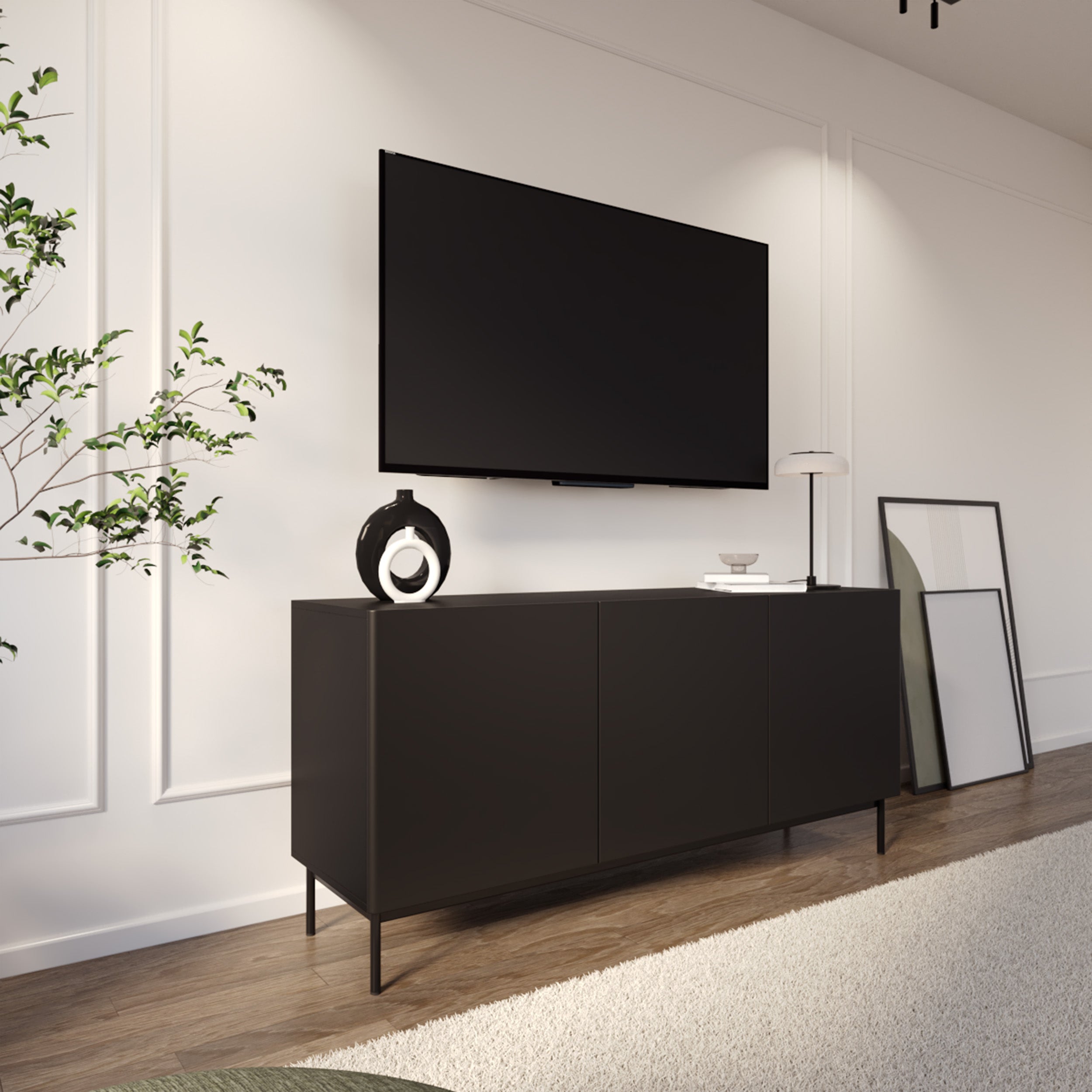 Hohes dreitüriges TV-Sideboard Olio, 160 cm, schwarz