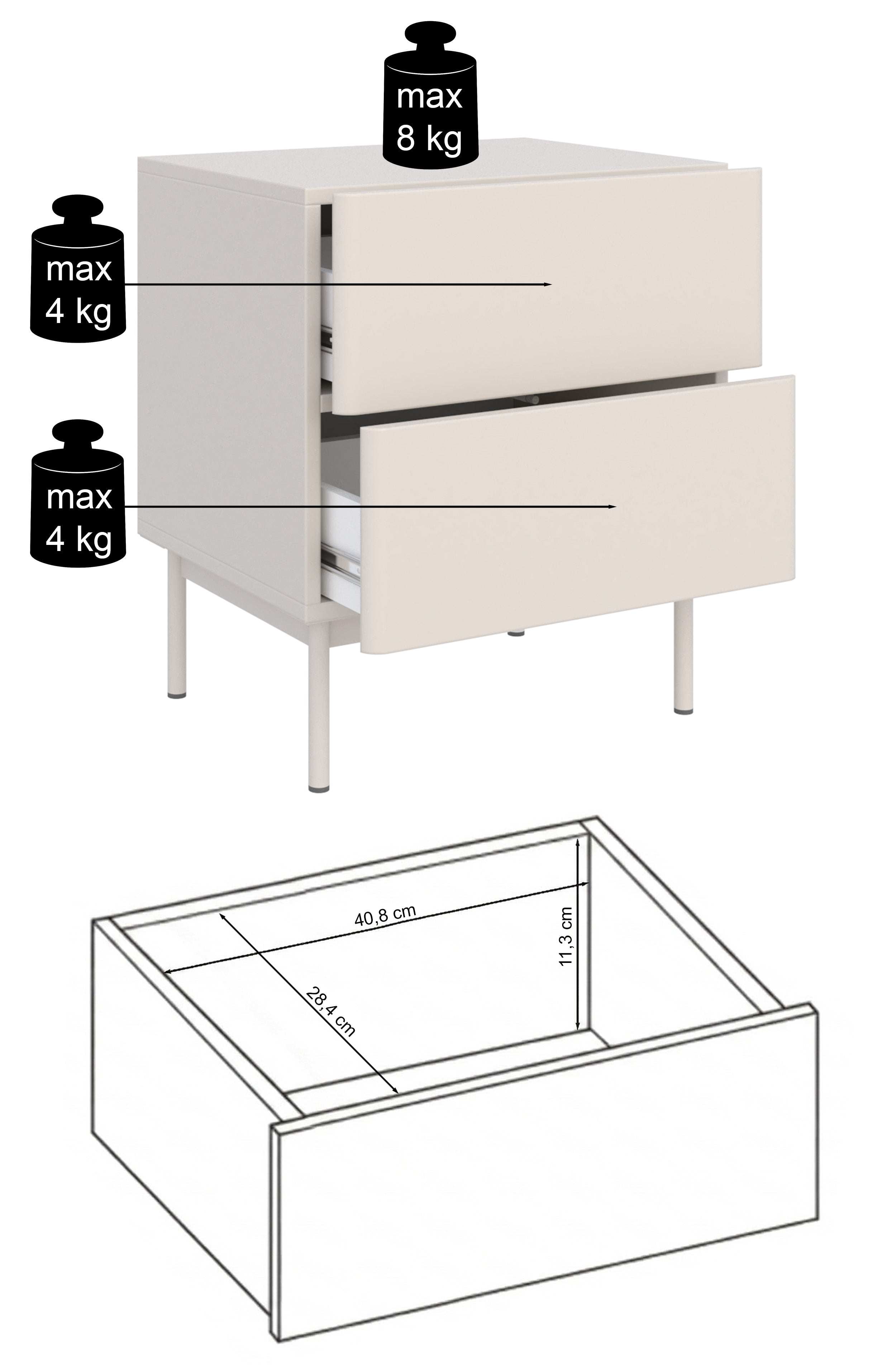 Nachttisch Olio mit zwei Schubladen, 50 cm, Kaschmir