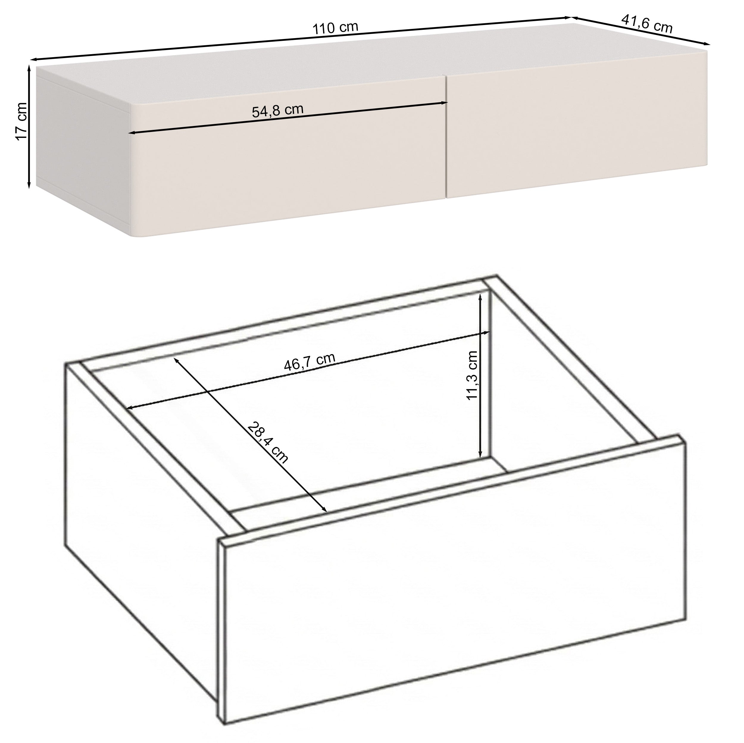 Hängender Schminktisch Olio mit zwei Schubladen, 110 cm, weiß