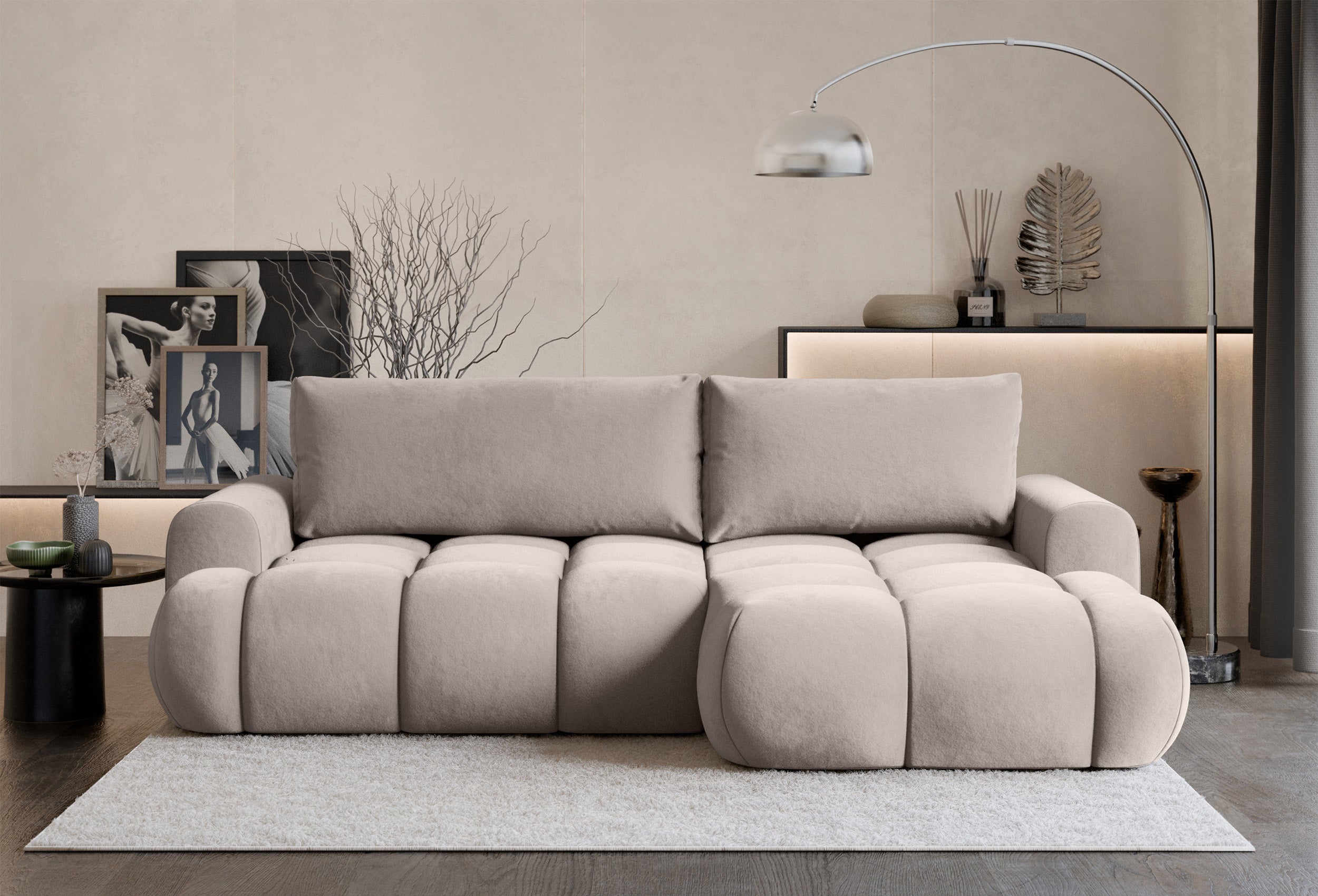 Ecksofa mit Schlaffunktion Ombo Mini, L-förmig, rechtsseitig, mit Stauraum, hellbeige-grauer, hydrophober Samtstoff
