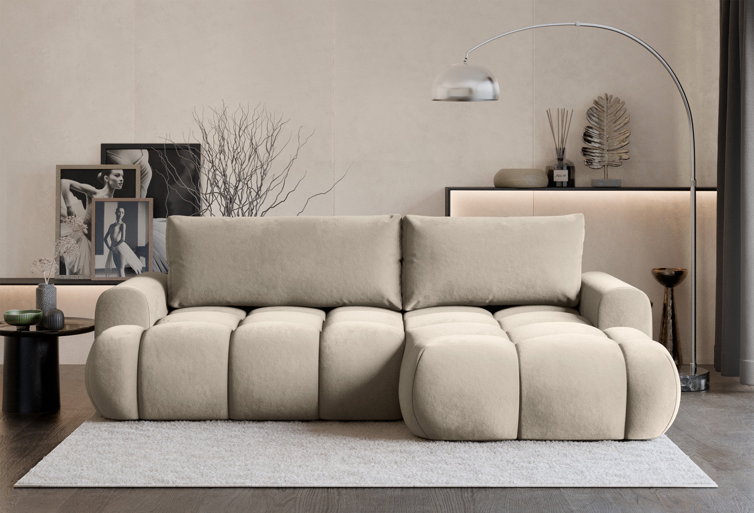 Ecksofa mit Schlaffunktion Ombo Mini, L-förmig, rechtsseitig, mit Stauraum, beige, hydrophober Samt