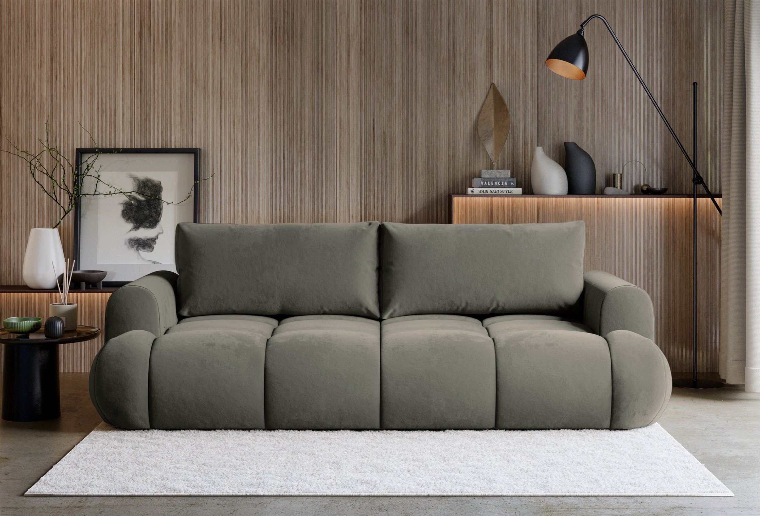 Dreisitziges ausklappbares Sofa Ombo Doce mit Stauraum, dunkelbeige, wasserabweisender Samt