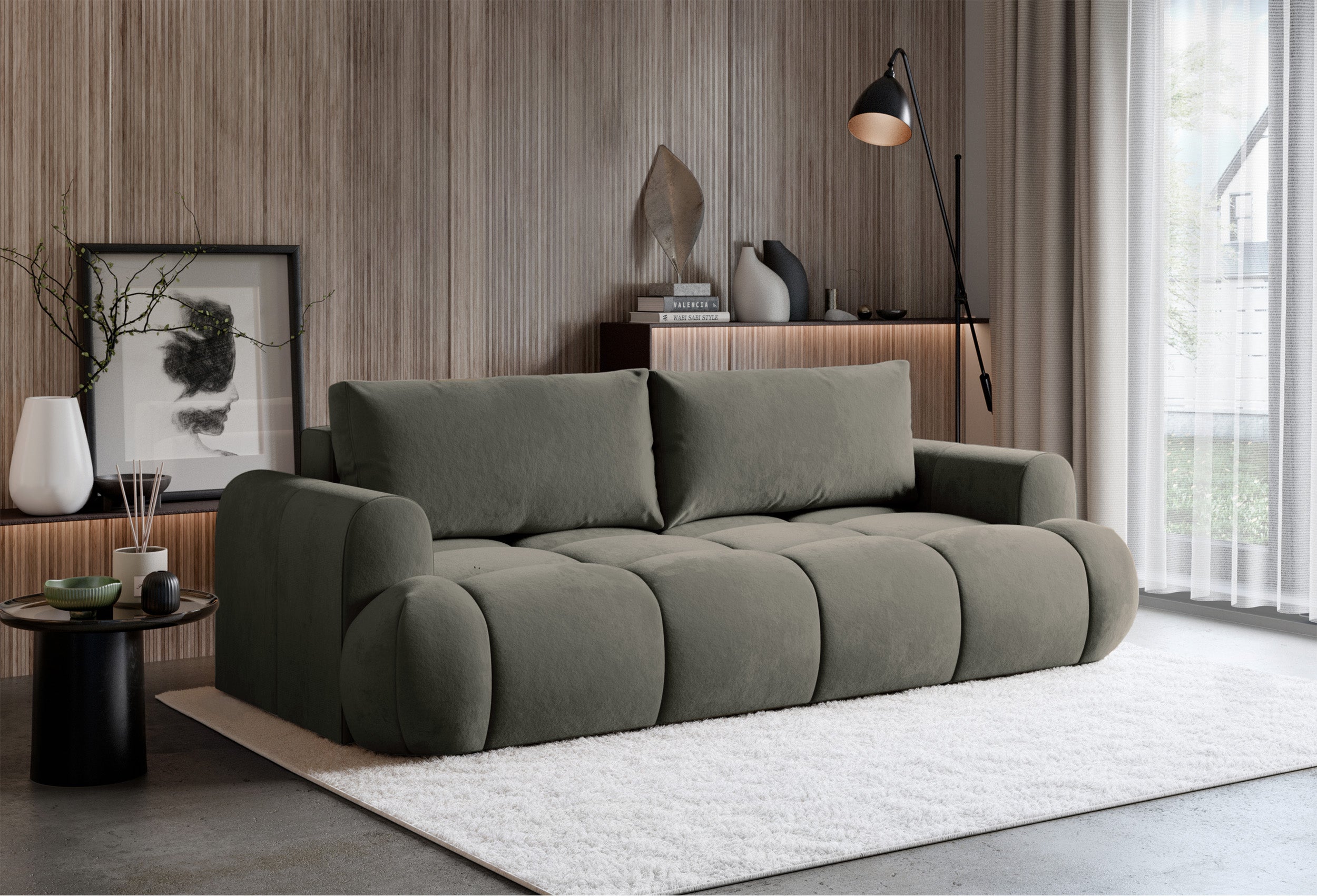 Dreisitziges ausklappbares Sofa Ombo Doce mit Stauraum, dunkelbeige, wasserabweisender Samt