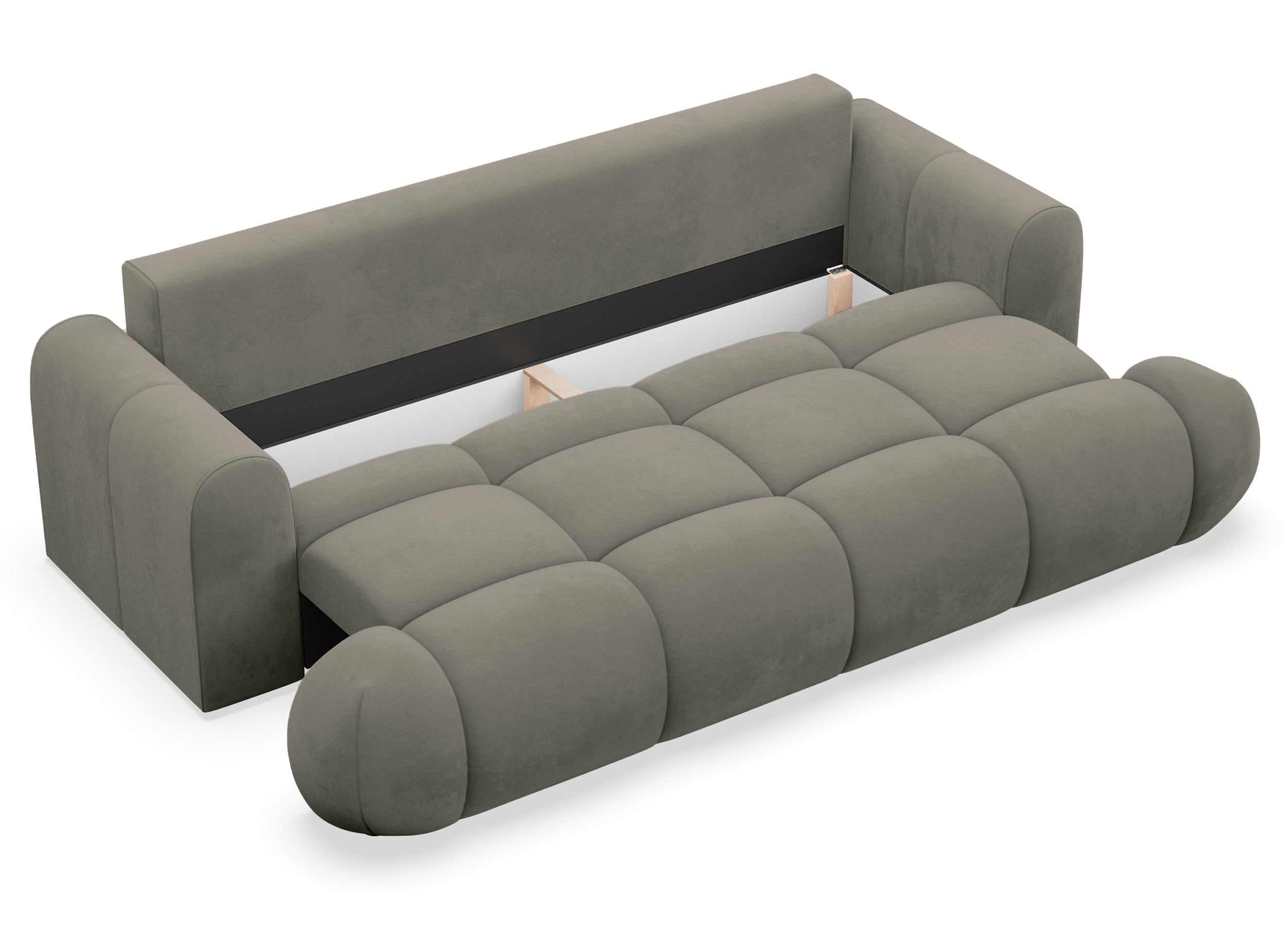 Dreisitziges ausklappbares Sofa Ombo Doce mit Stauraum, dunkelbeige, wasserabweisender Samt