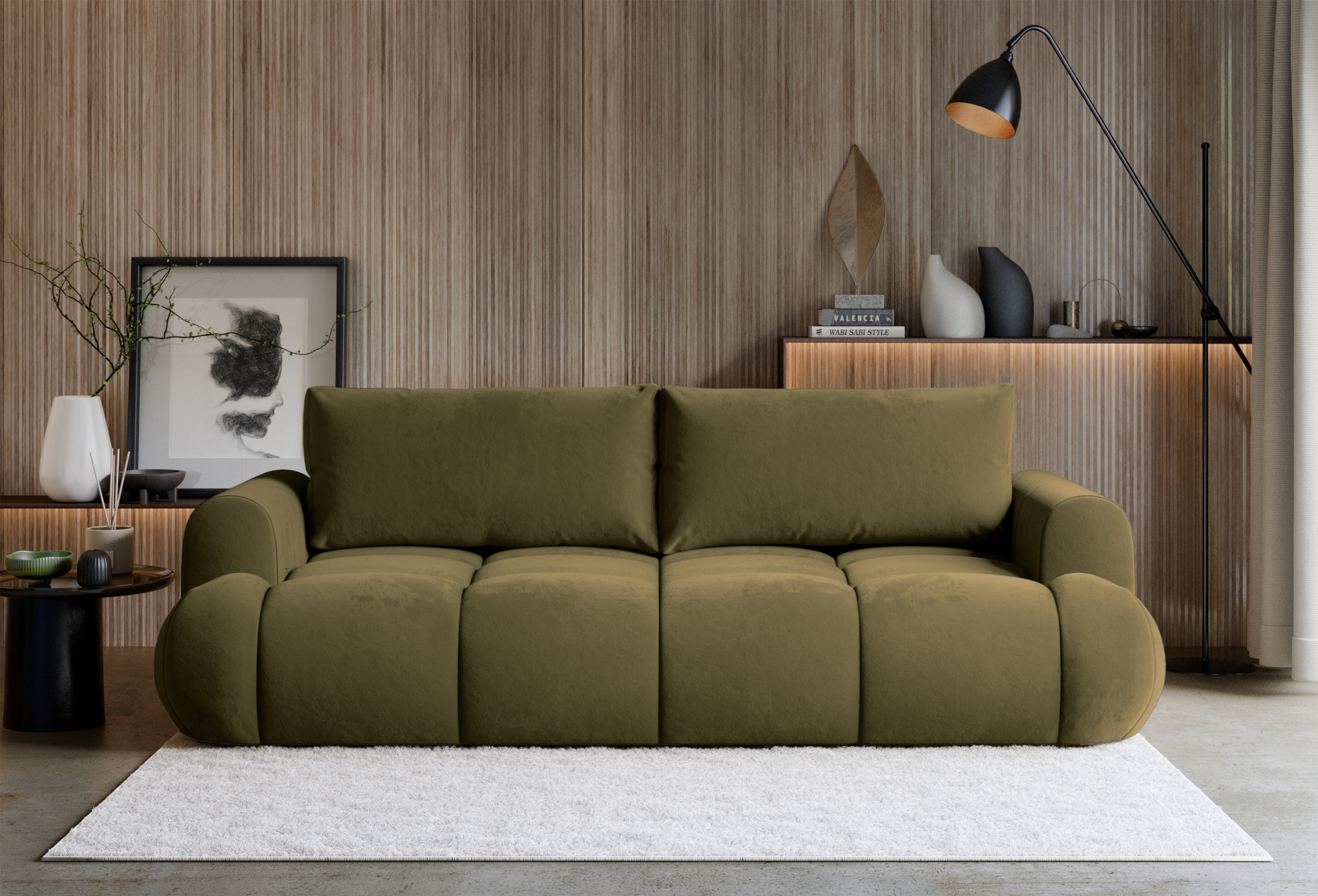 Dreisitziges ausklappbares Sofa Ombo Doce mit Stauraum, olivfarbener Velours, wasserabweisend