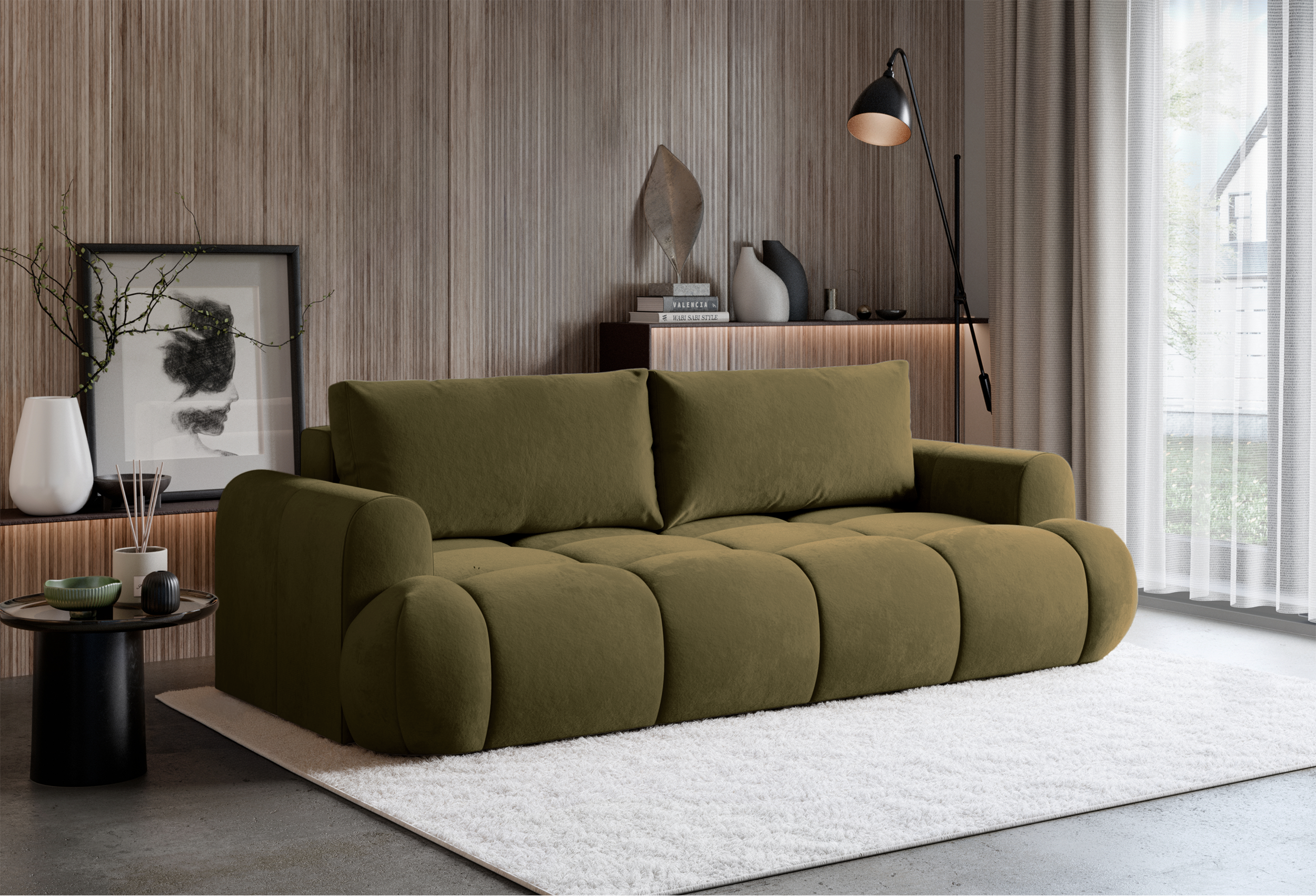Dreisitziges ausklappbares Sofa Ombo Doce mit Stauraum, olivfarbener Velours, wasserabweisend
