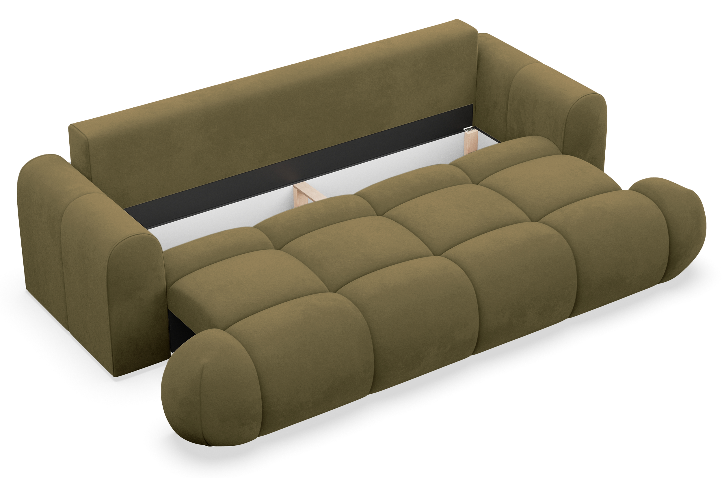 Dreisitziges ausklappbares Sofa Ombo Doce mit Stauraum, olivfarbener Velours, wasserabweisend