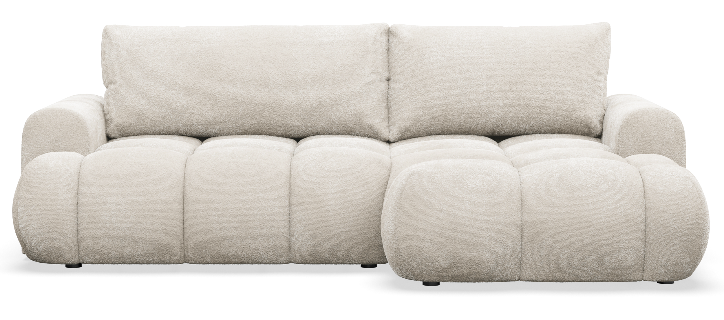 Ecksofa mit Schlaffunktion Ombo Mini, L-förmig, rechtsseitig, mit Stauraum, cremefarbenes Bouclé