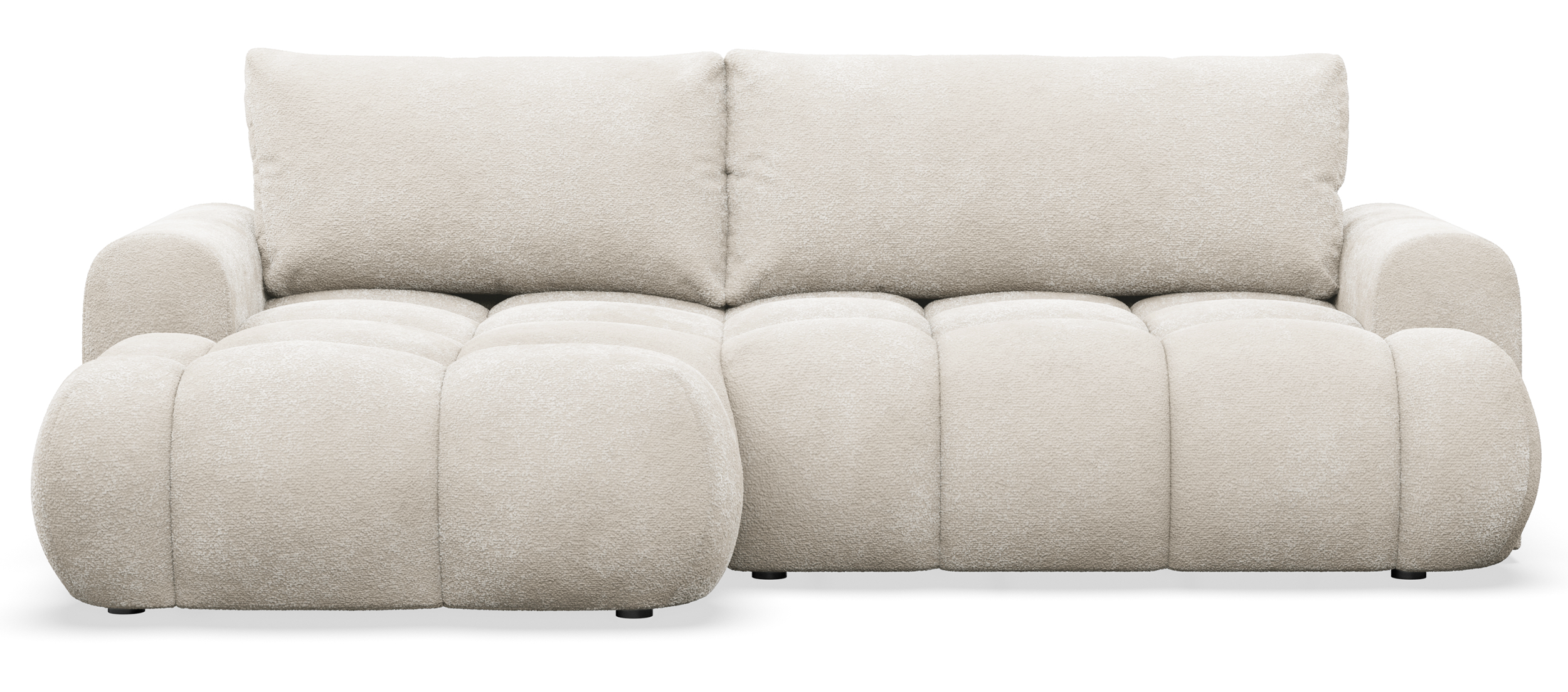 Ecksofa mit Schlaffunktion Ombo Mini, L-förmig, linksseitig, mit Stauraum, cremefarbenes Bouclé