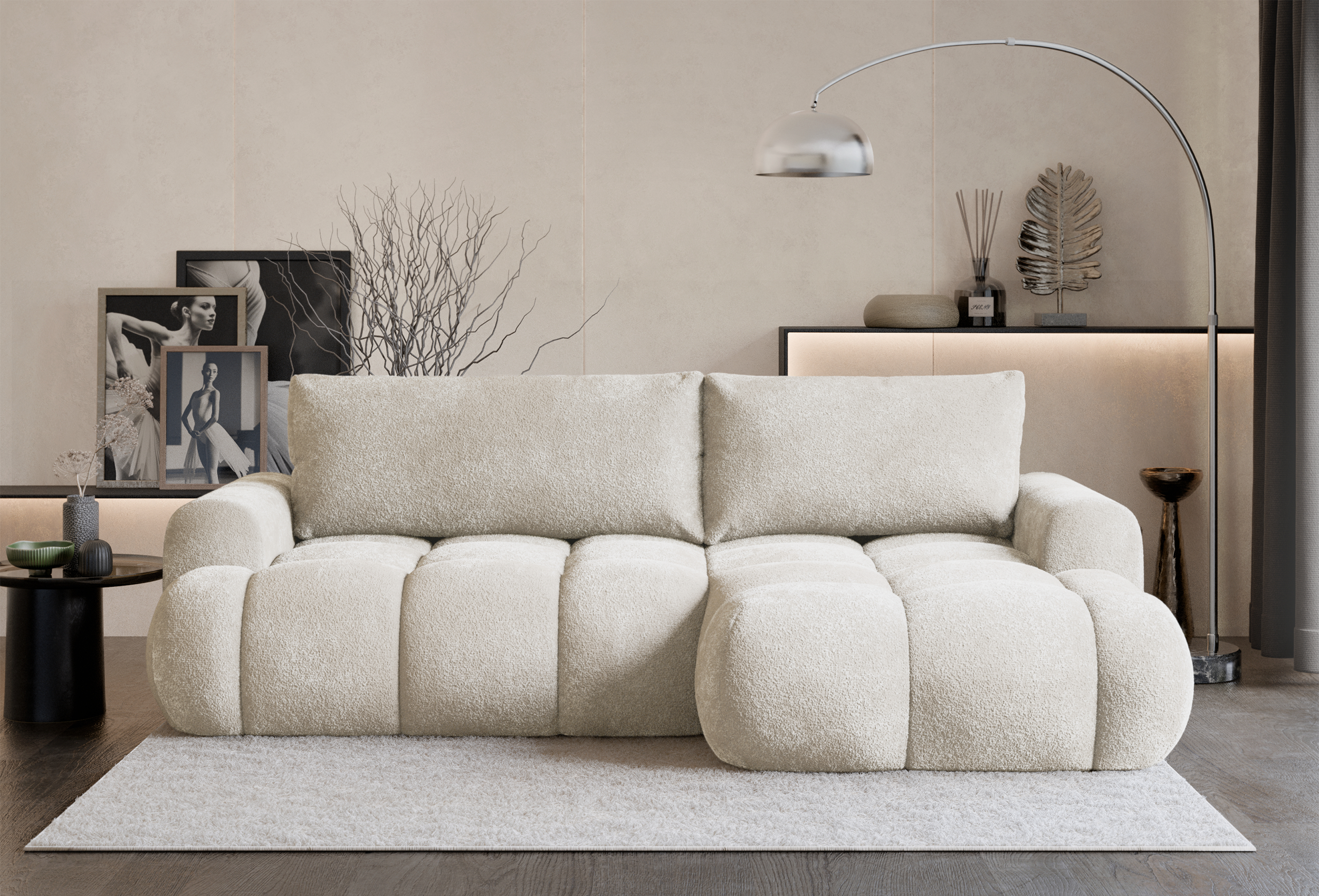 Ecksofa mit Schlaffunktion Ombo Mini, L-förmig, rechtsseitig, mit Stauraum, cremefarbenes Bouclé