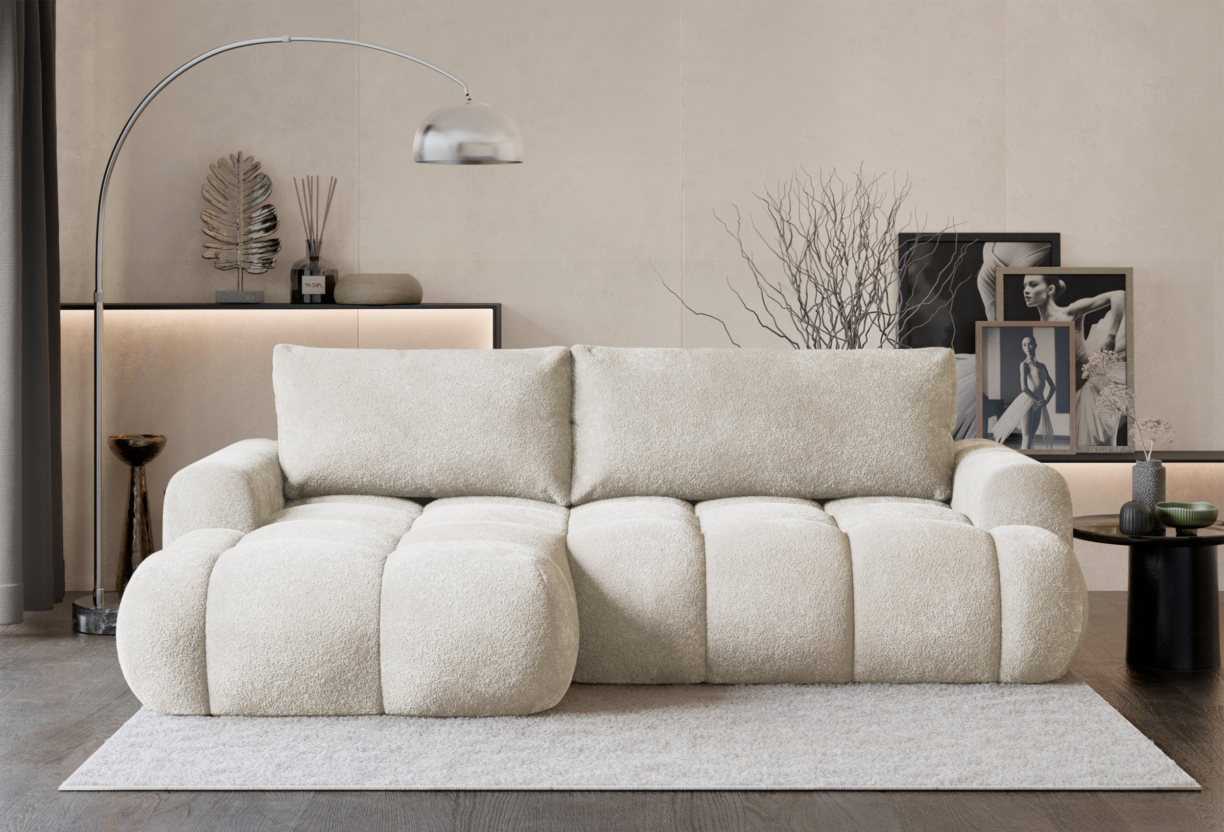 Ecksofa mit Schlaffunktion Ombo Mini, L-förmig, linksseitig, mit Stauraum, cremefarbenes Bouclé