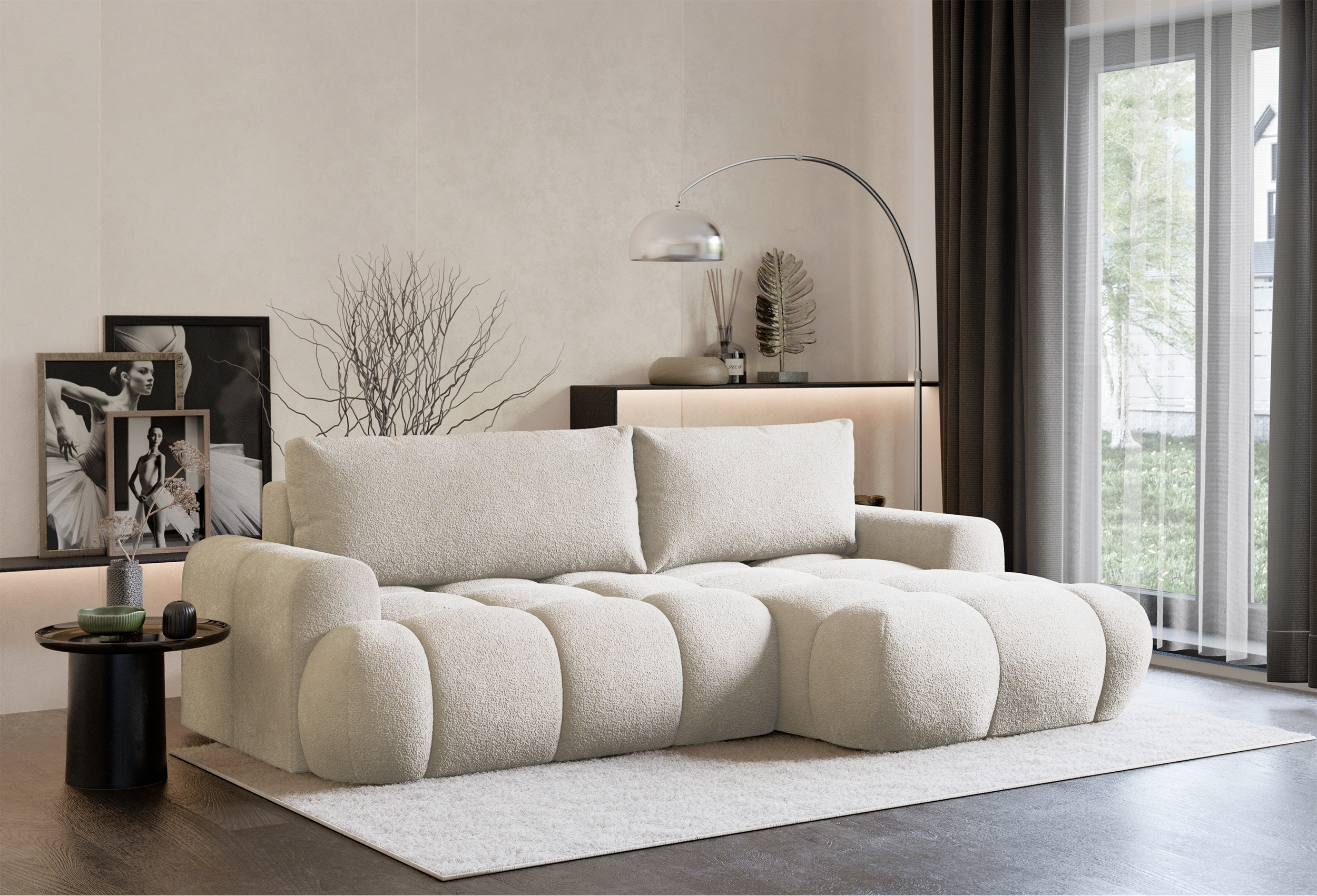 Ecksofa mit Schlaffunktion Ombo Mini, L-förmig, rechtsseitig, mit Stauraum, cremefarbenes Bouclé