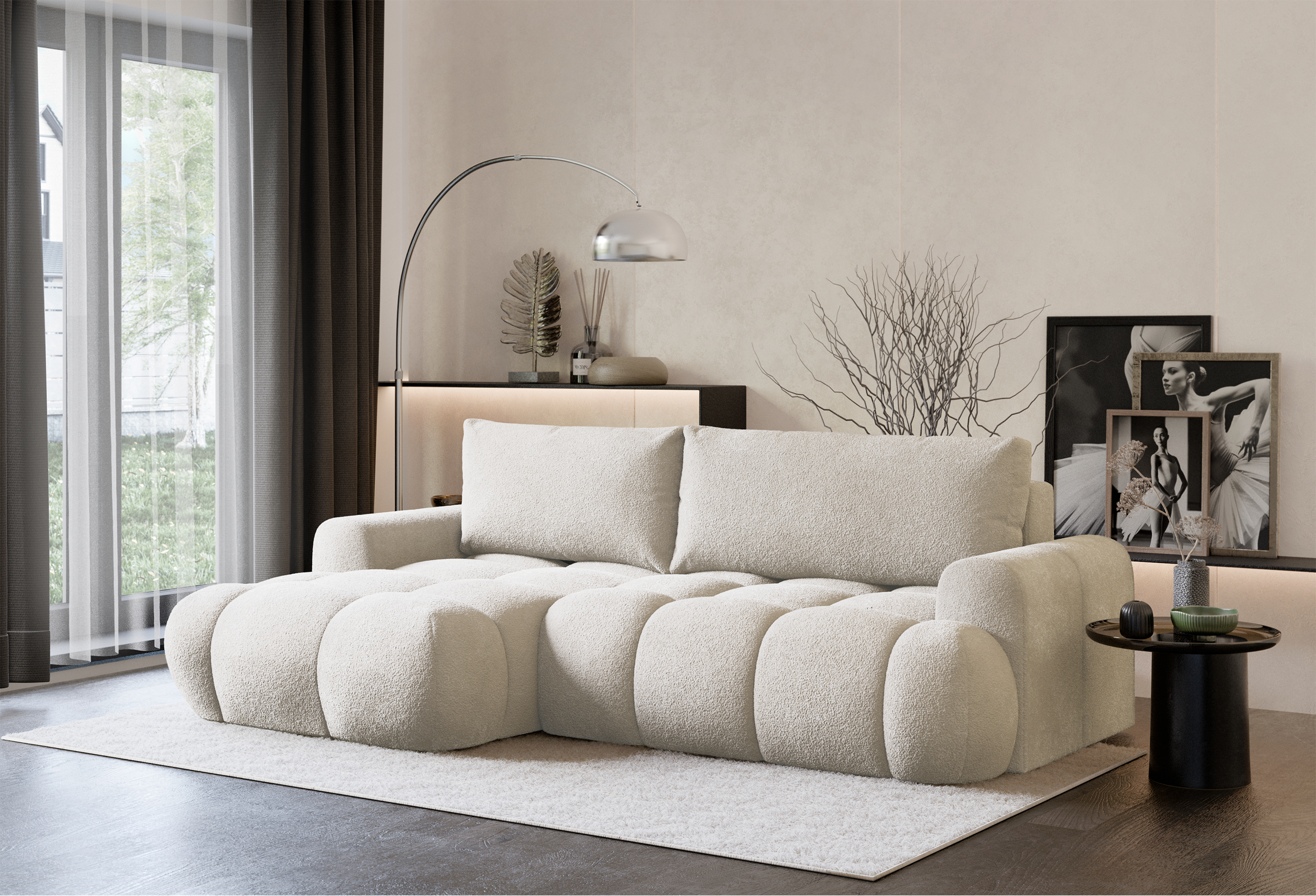 Ecksofa mit Schlaffunktion Ombo Mini, L-förmig, linksseitig, mit Stauraum, cremefarbenes Bouclé