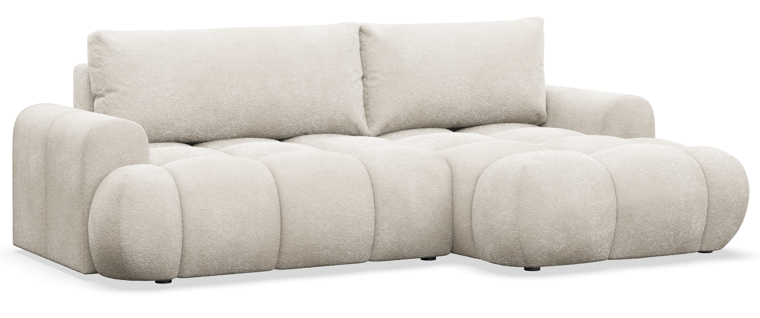 Ecksofa mit Schlaffunktion Ombo Mini, L-förmig, rechtsseitig, mit Stauraum, cremefarbenes Bouclé