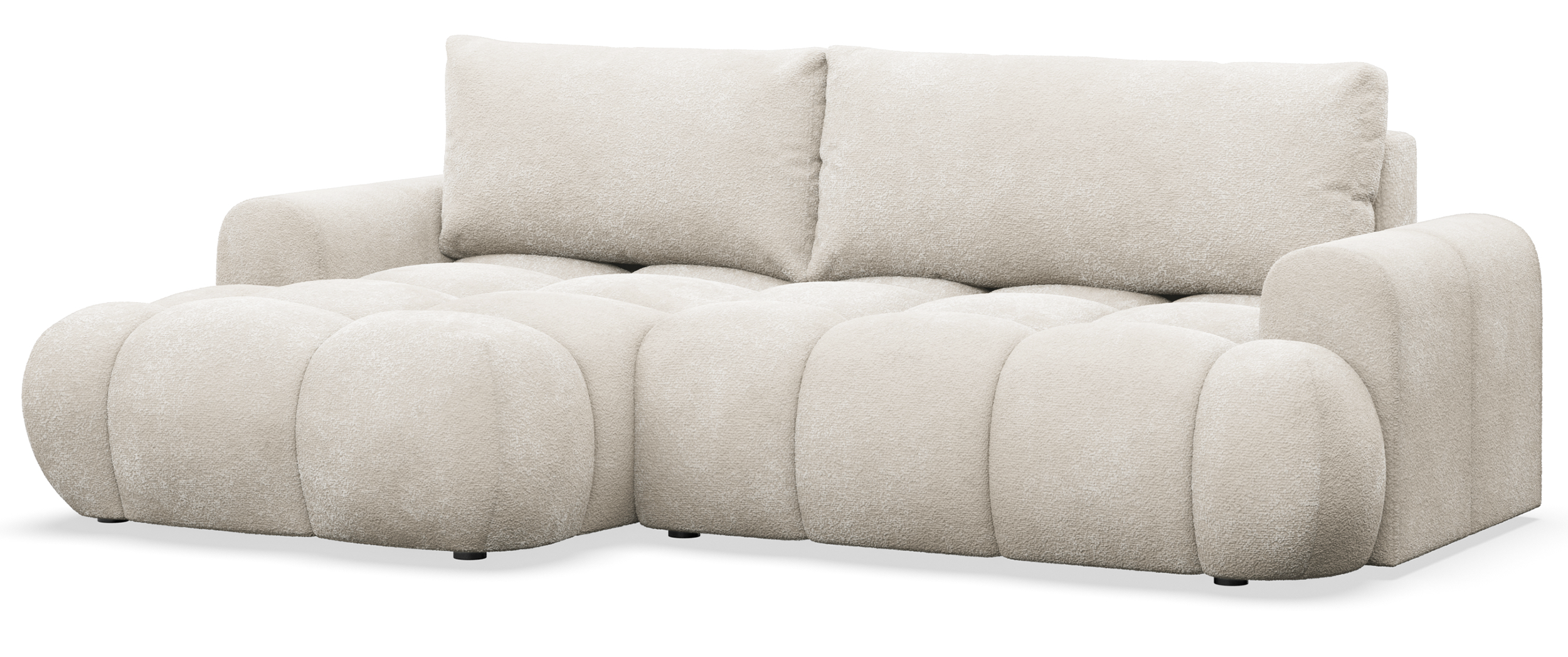 Ecksofa mit Schlaffunktion Ombo Mini, L-förmig, linksseitig, mit Stauraum, cremefarbenes Bouclé