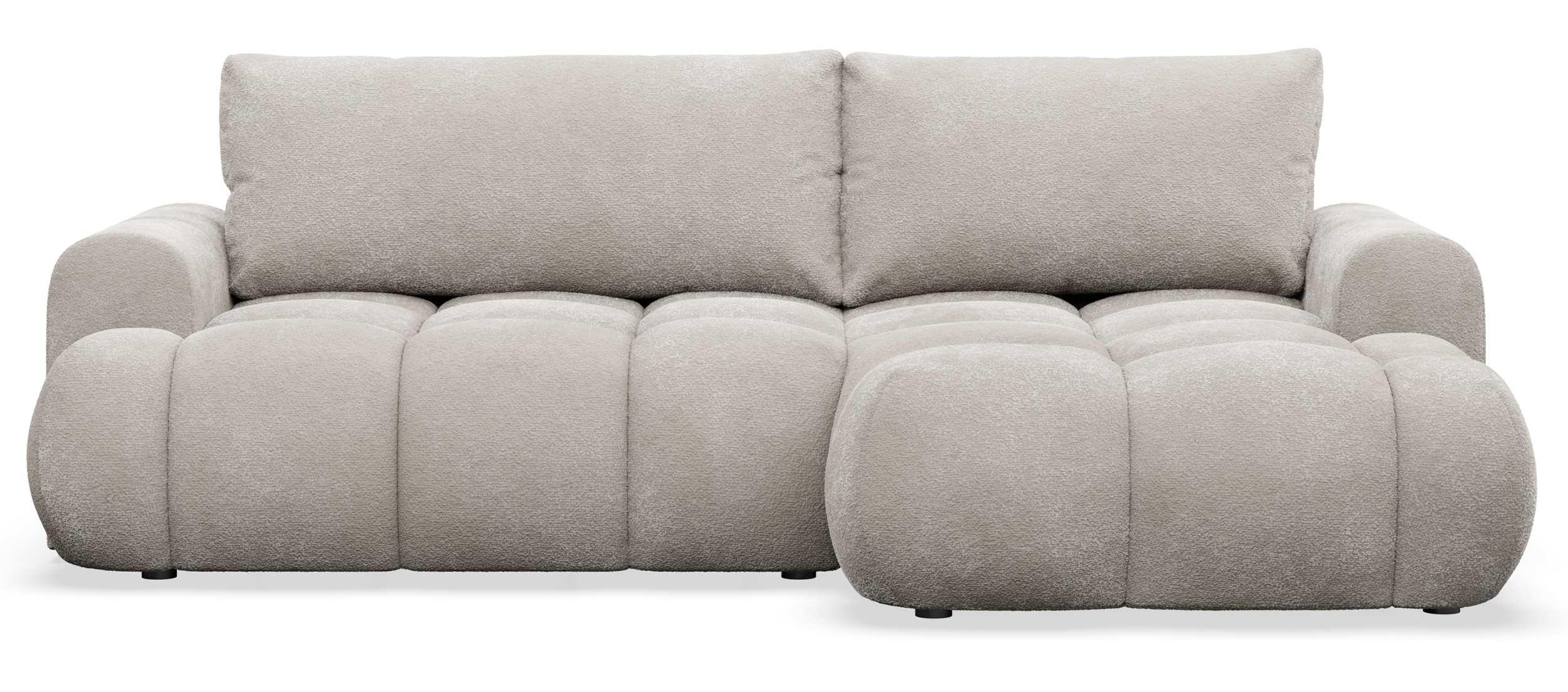 Ecksofa mit Schlaffunktion Ombo Mini, L-förmig, rechtsseitig mit Stauraum, grau-beiges Bouclé