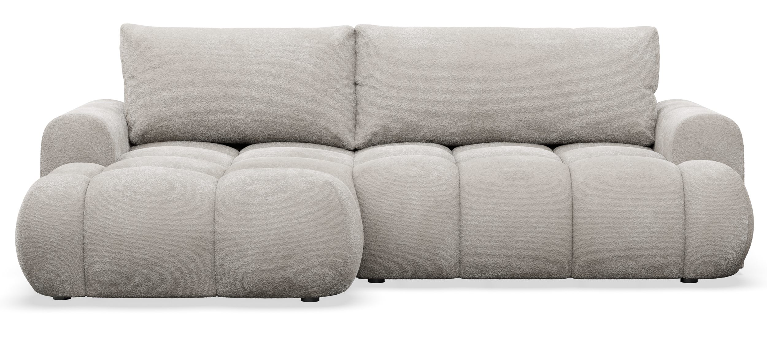 Ecksofa mit Schlaffunktion Ombo Mini, L-förmig, linksseitig, mit Stauraum, grau-beiger Bouclé-Stoff
