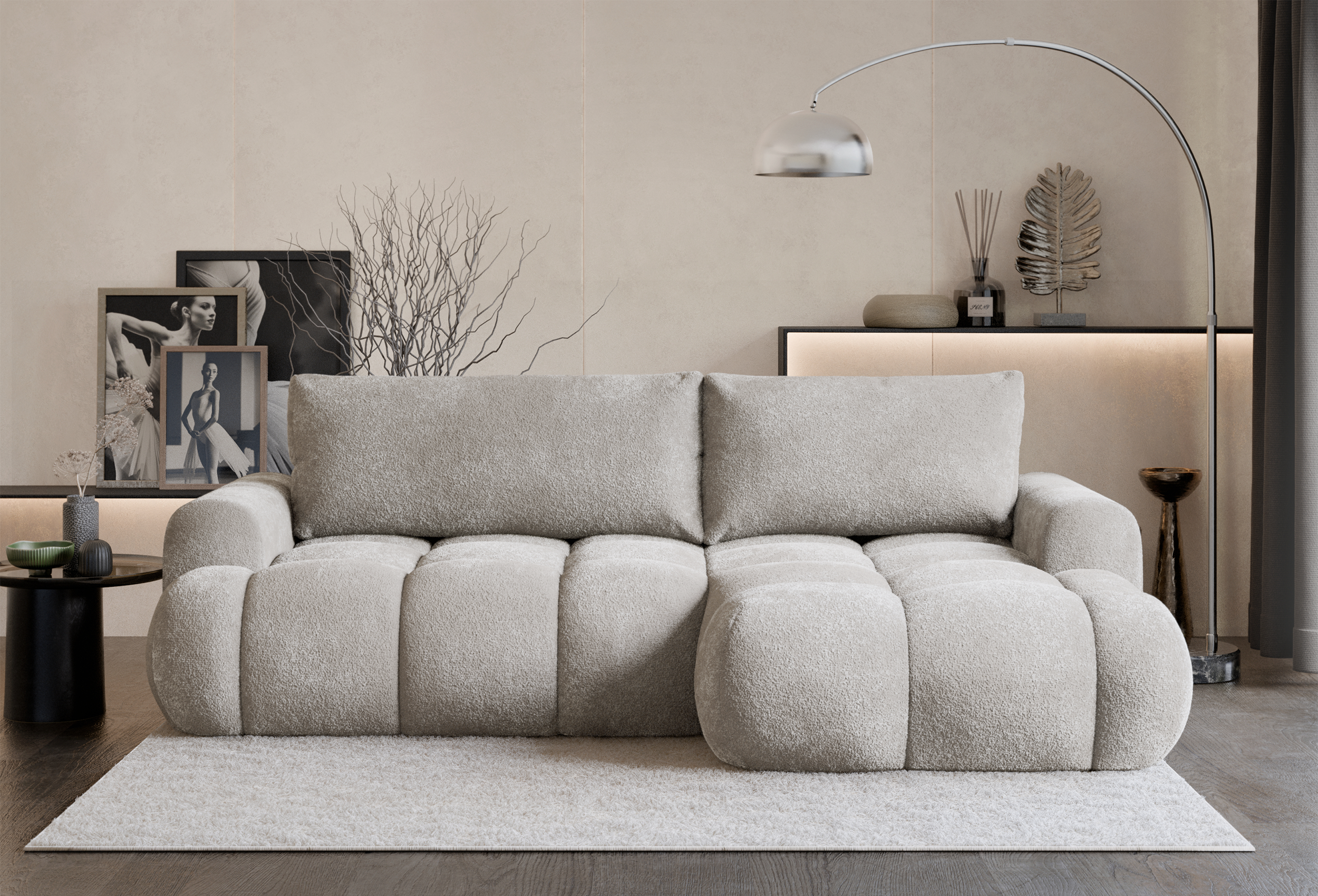 Ecksofa mit Schlaffunktion Ombo Mini, L-förmig, rechtsseitig mit Stauraum, grau-beiges Bouclé