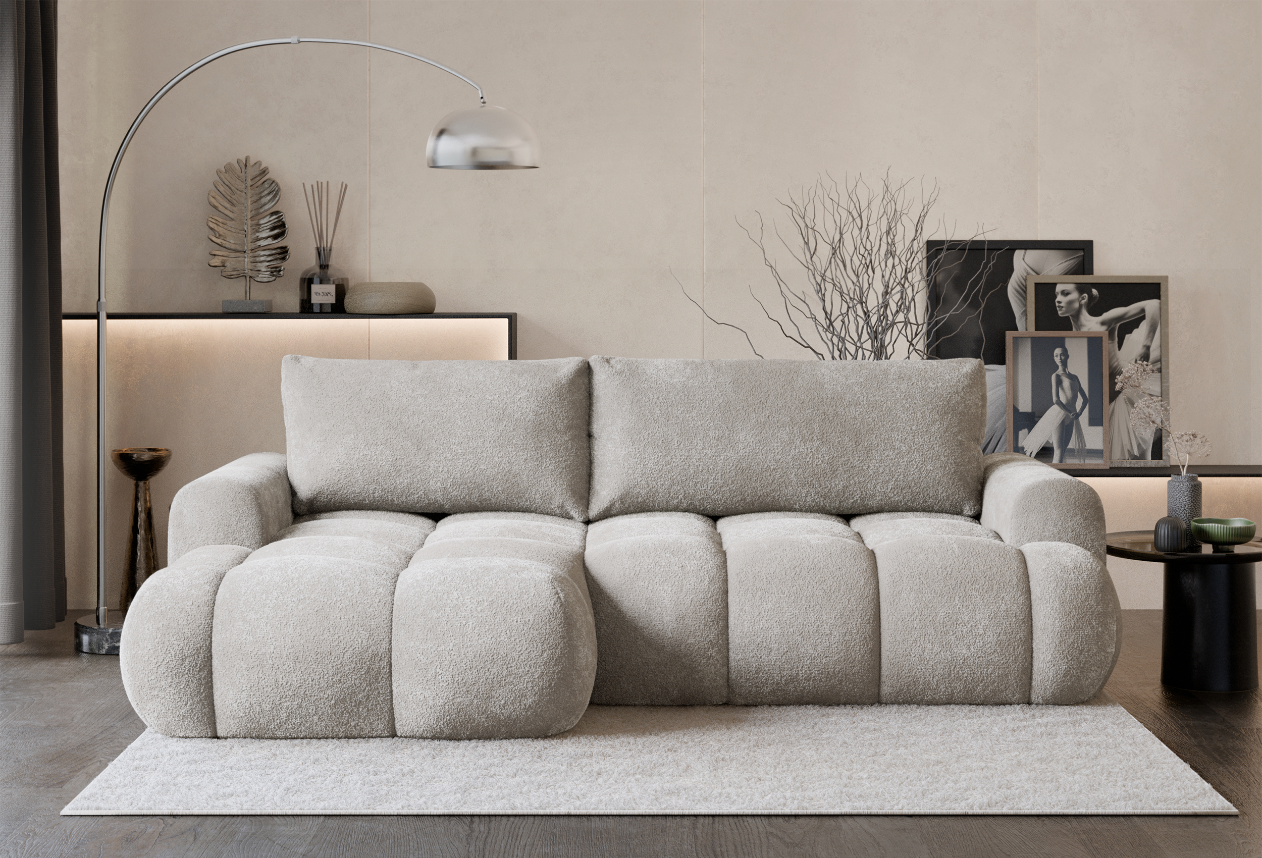 Ecksofa mit Schlaffunktion Ombo Mini, L-förmig, linksseitig, mit Stauraum, grau-beiger Bouclé-Stoff