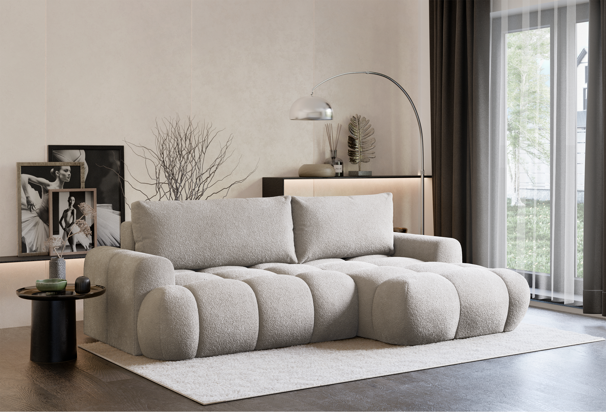 Ecksofa mit Schlaffunktion Ombo Mini, L-förmig, rechtsseitig mit Stauraum, grau-beiges Bouclé