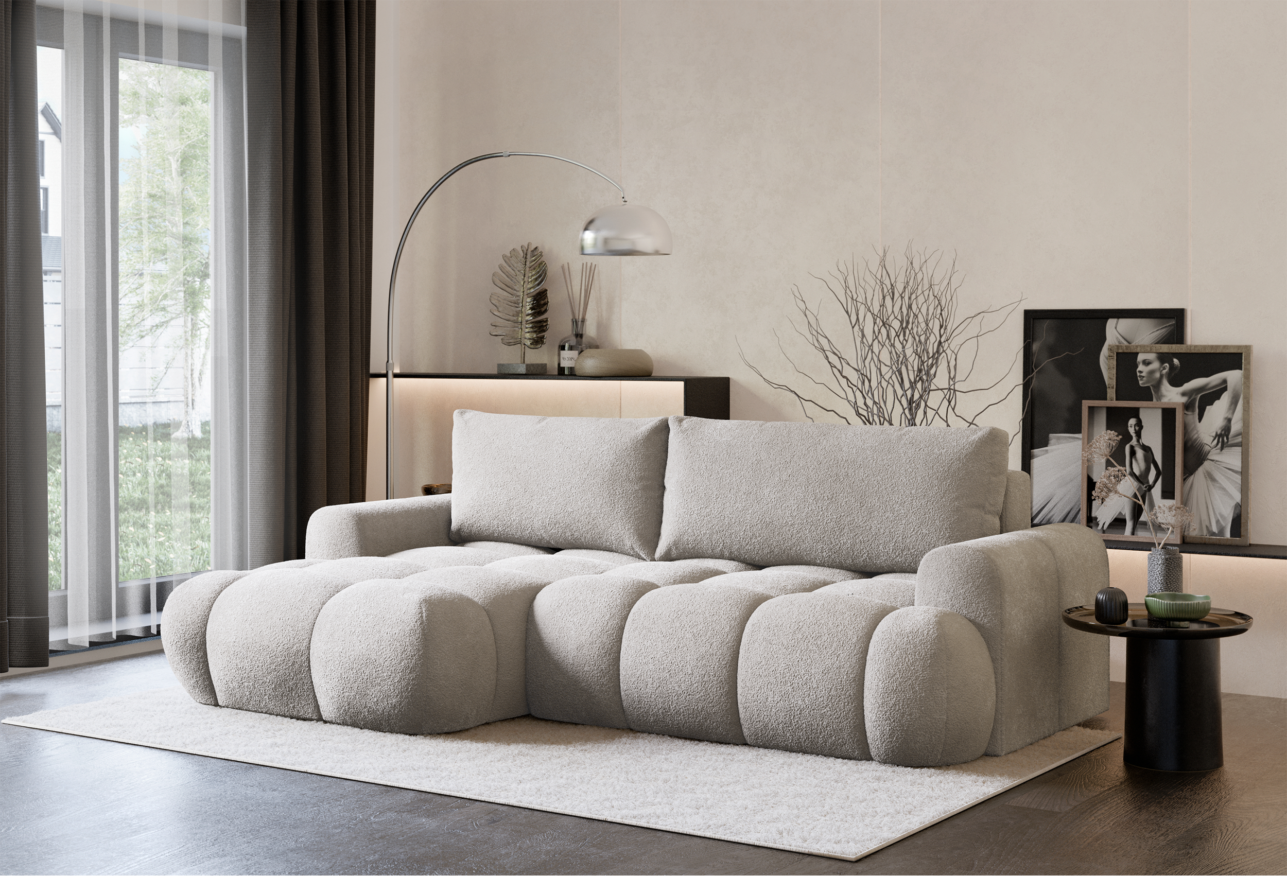 Ecksofa mit Schlaffunktion Ombo Mini, L-förmig, linksseitig, mit Stauraum, grau-beiger Bouclé-Stoff