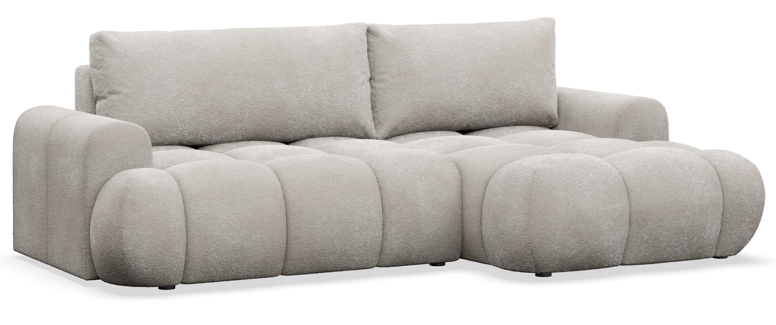 Ecksofa mit Schlaffunktion Ombo Mini, L-förmig, rechtsseitig mit Stauraum, grau-beiges Bouclé