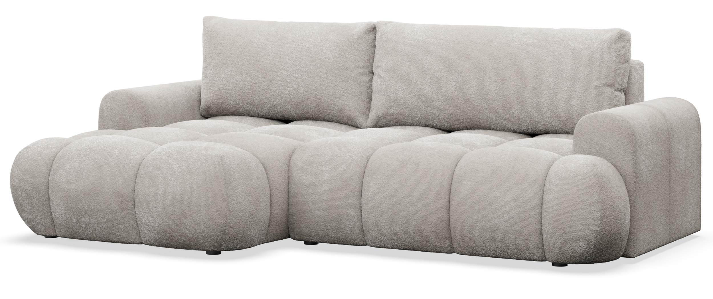 Ecksofa mit Schlaffunktion Ombo Mini, L-förmig, linksseitig, mit Stauraum, grau-beiger Bouclé-Stoff