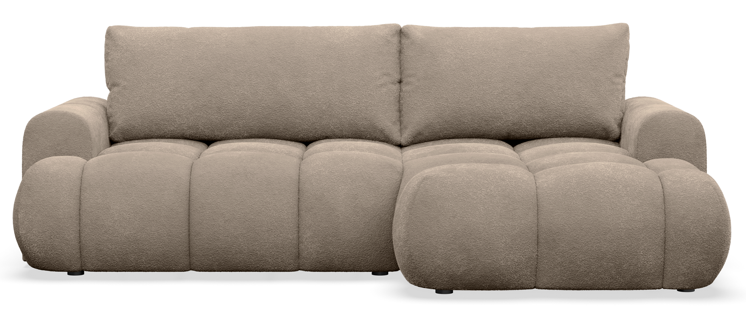 Ecksofa mit Schlaffunktion Ombo Mini, L-förmig, rechtsseitig, mit Stauraum, dunkelbeiges Bouclé