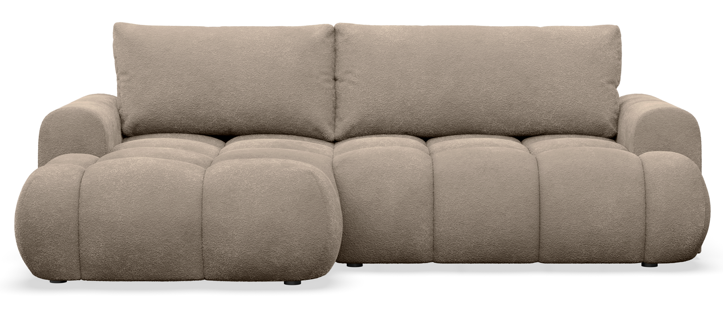 Ecksofa mit Schlaffunktion Ombo Mini, L-förmig, linksseitig, mit Stauraum, dunkelbeige Bouclé