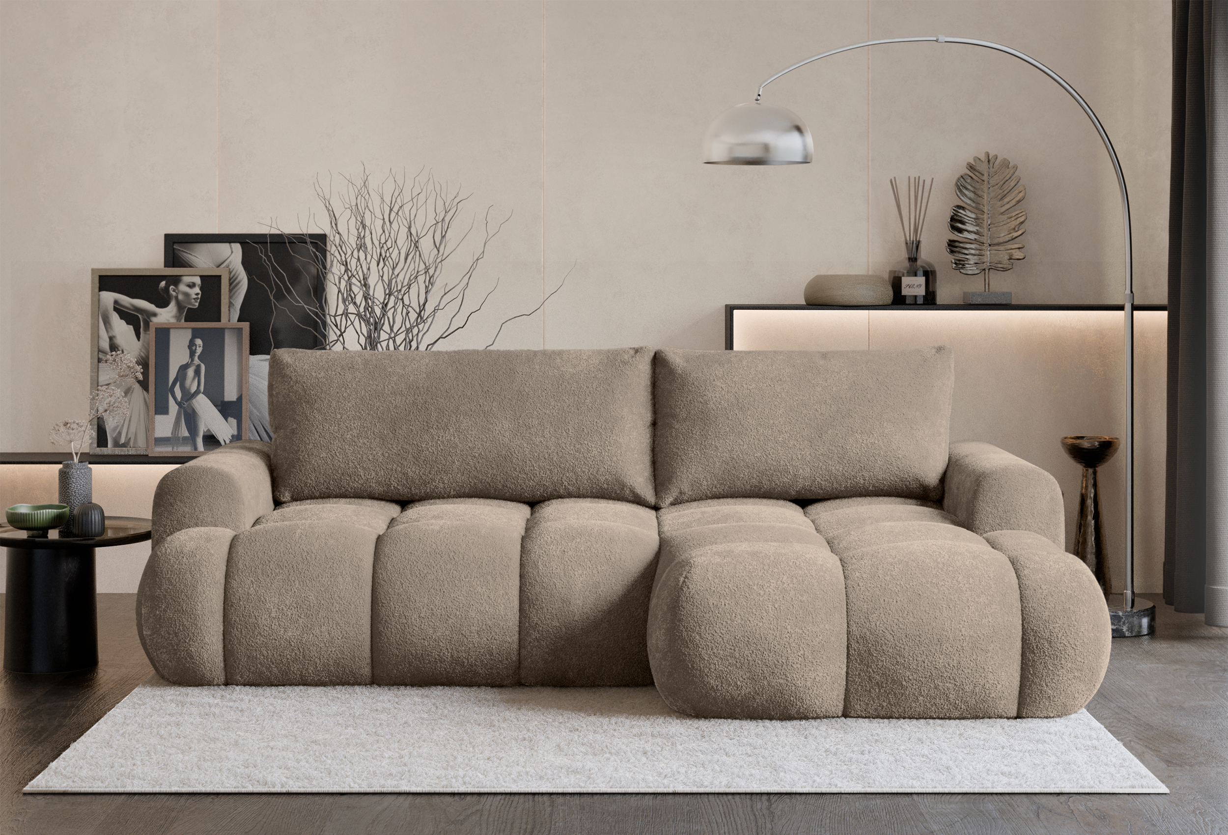 Ecksofa mit Schlaffunktion Ombo Mini, L-förmig, rechtsseitig, mit Stauraum, dunkelbeiges Bouclé