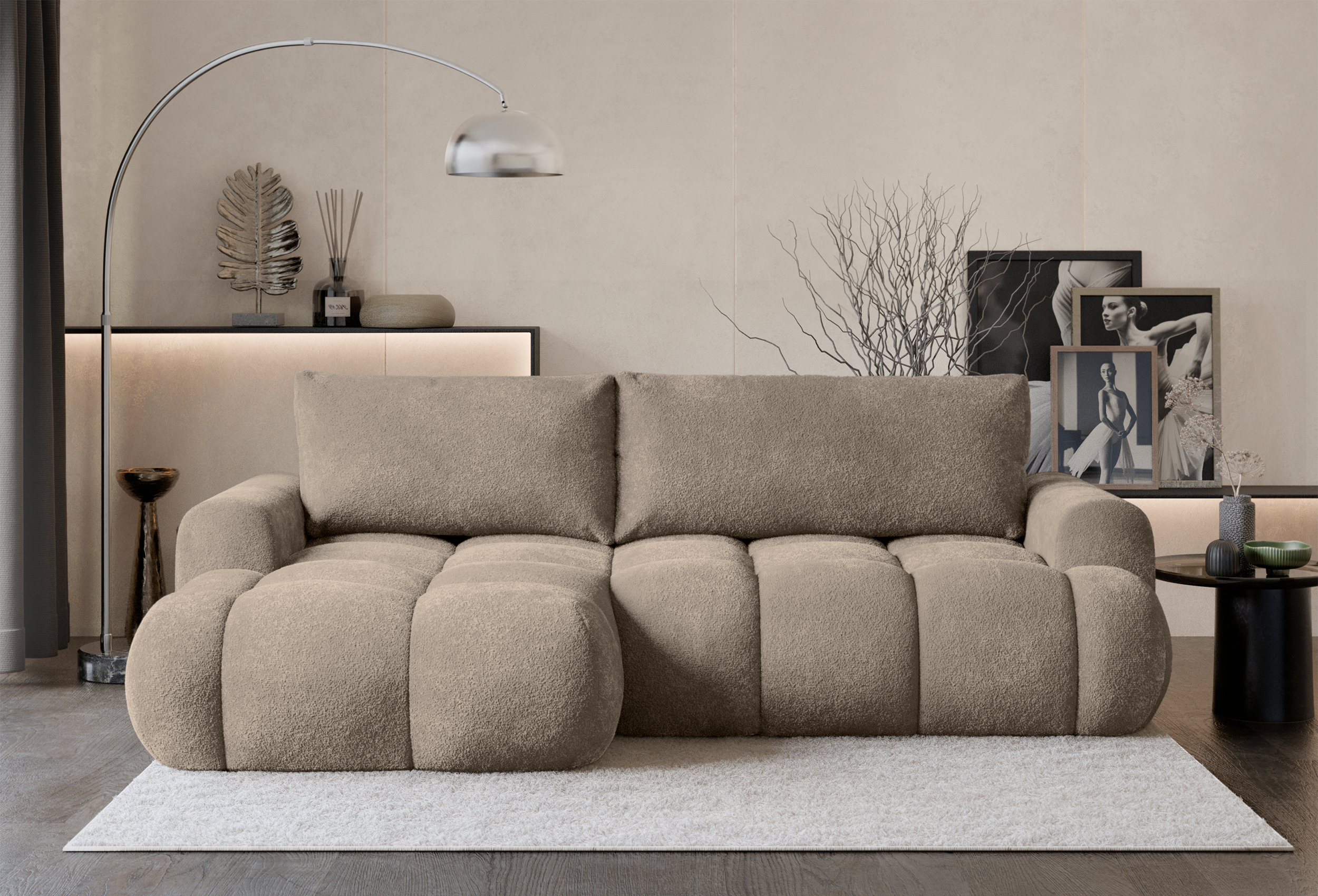 Ecksofa mit Schlaffunktion Ombo Mini, L-förmig, linksseitig, mit Stauraum, dunkelbeige Bouclé